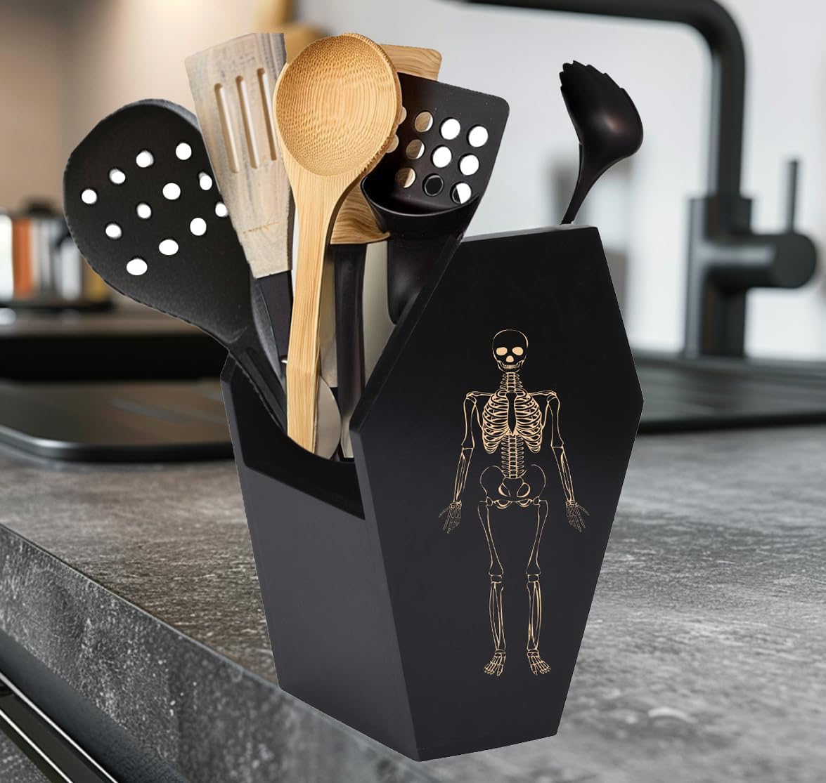 Large Capacity Skeleton Coffin Utensil Holder - Spooky Halloween Kitchen Decor for Goth, Bats, Skull & Spatulas - Durable Gothic Kitchenware Accessory with Deep Storage - Perfect for Halloween Parties, Haunted House Decor & Gothic Home Kitchen Organization