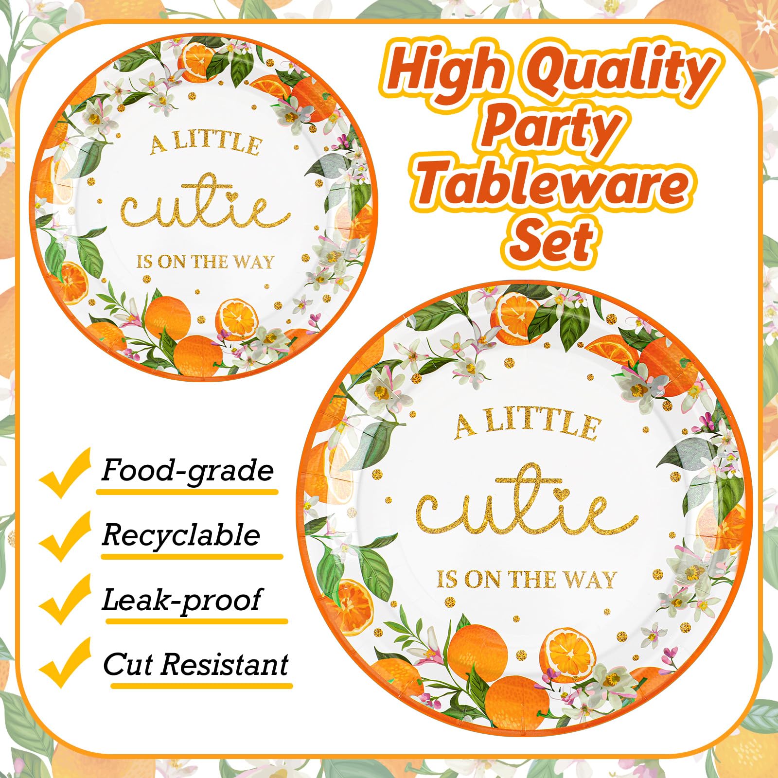 350-Piece Orange Little Cutie Baby Shower Party Supplies Set - Includes Dessert Plates, Napkins & Forks for 50 Guests - Perfect for Baby Shower, Gender Reveal & Birthday Celebrations - 