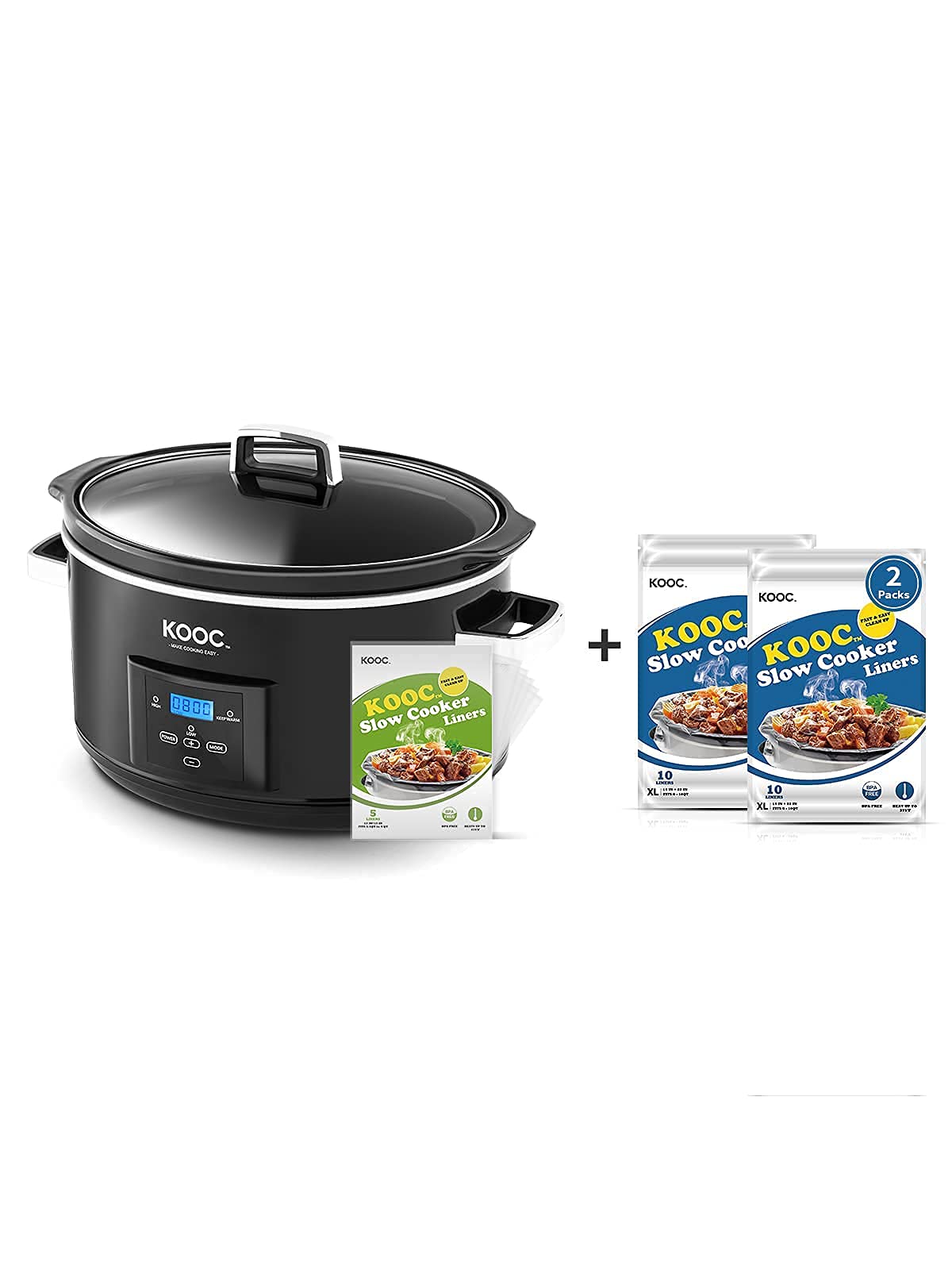 KOOC 8.5-Quart Programmable Slow Cooker with Temperature Control & Upgraded Pot - Includes 5 Bonus Liners + 2-Pack of 20 Liners for Easy Cleaning - Reduce Nutrient Loss - Perfect for Family Dinners, Meal Prep & Holiday Cooking