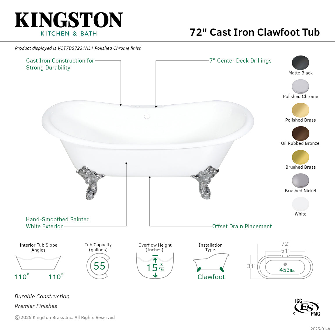 72 Inch White Cast Iron Oval Double Slipper Clawfoot Bathtub with 7 Inch Faucet Drillings - Vintage Freestanding Soaking Tub for Luxury Bathroom & Spa Retreat