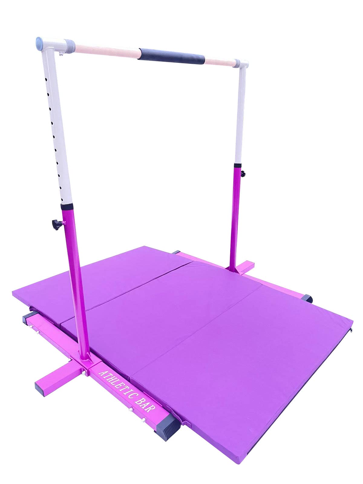 Adjustable Gymnastics Bar for Kids & Adults - 3 to 5 FT Height, with 6'x4' Tumble Mat - Home Gym Equipment for Junior Gymnasts - Purple Expandable Asymmetric Bar - Perfect for Indoor Training, Backyard Practice & Gymnastics Skill Development