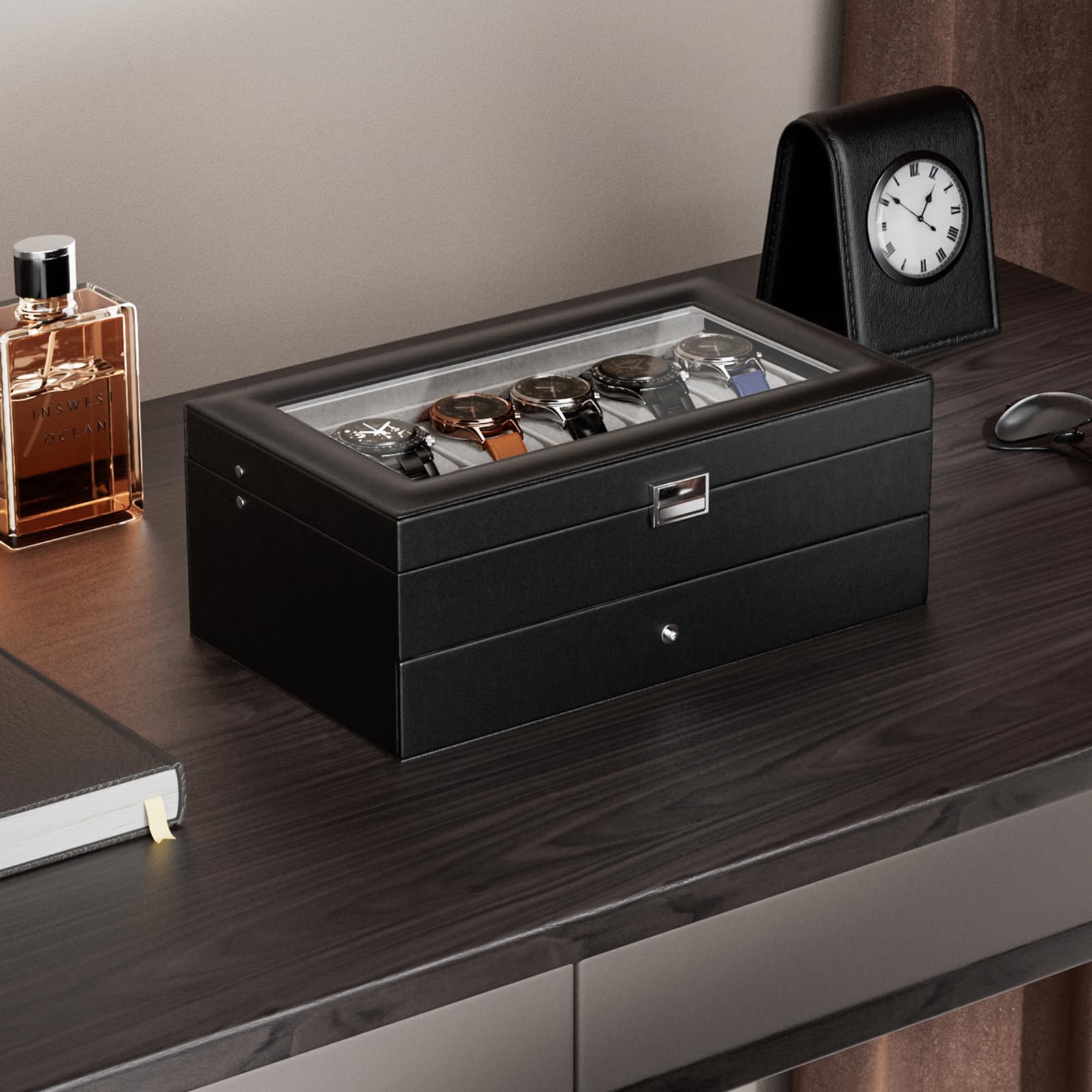 ProCase 12-Slot Watch Box for Men & Women - 2-Layer Watch Organizer with Glass Lid & Drawer - Premium Watch Display Case for Jewelry & Watch Storage - Perfect for Travel, Home Display & Gift Giving