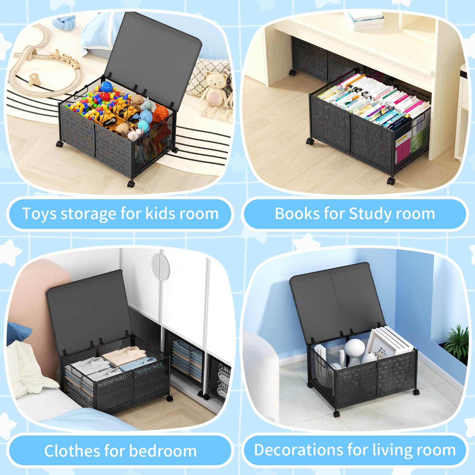 PHINOX 70L Large Toy Storage Box with Wheels - Collapsible Metal Toy Organizer Chest for Kids, Nursery & Playroom - 2 Pack for Boys & Girls | Perfect for Organizing Toys, Books & Games in Bedrooms, Daycares & Play Areas