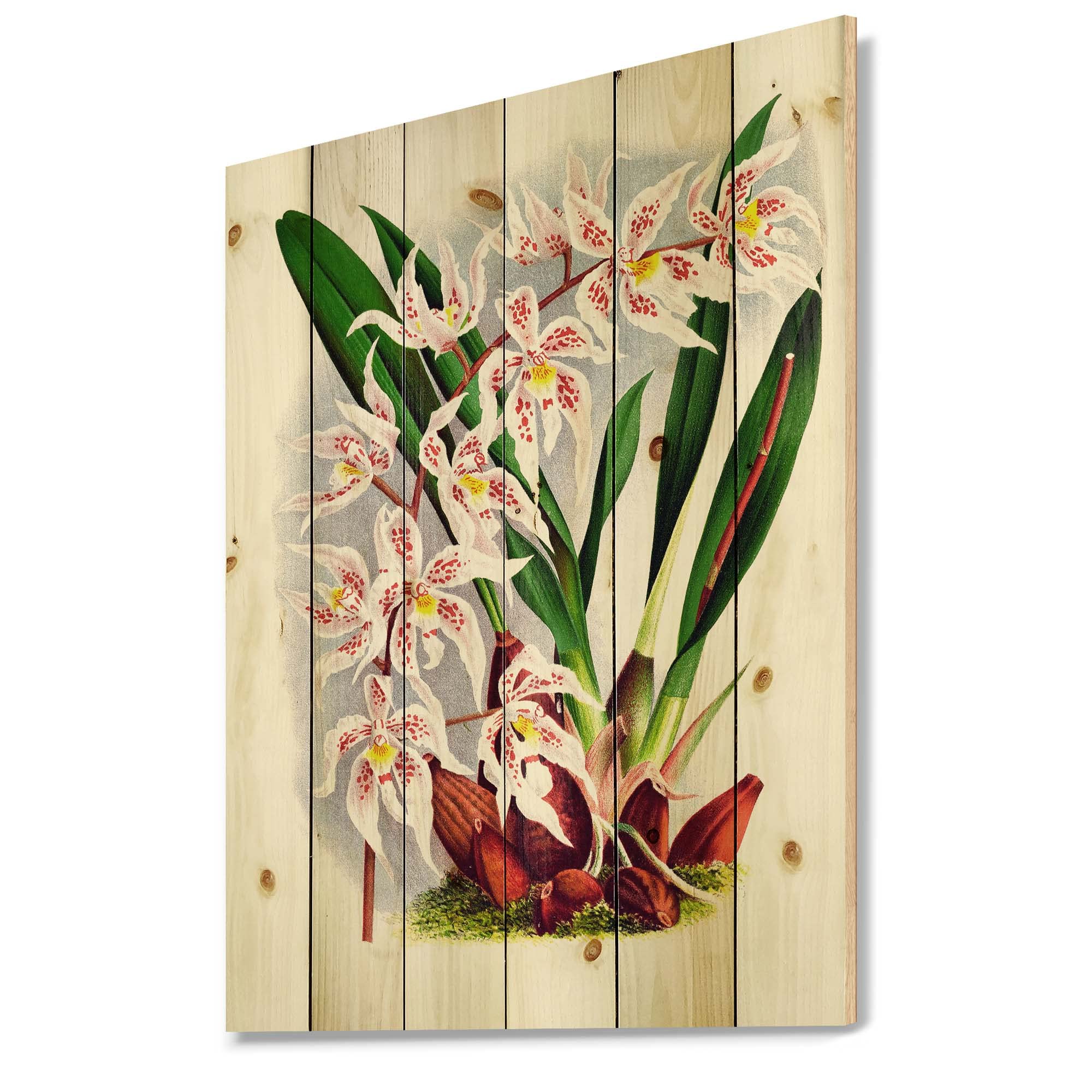 Vintage White Orchid Floral Wood Wall Art - Traditional Large Pine Wood Wall Decor with Green Floral Print - Perfect for Living Room, Bedroom, or Office Decoration