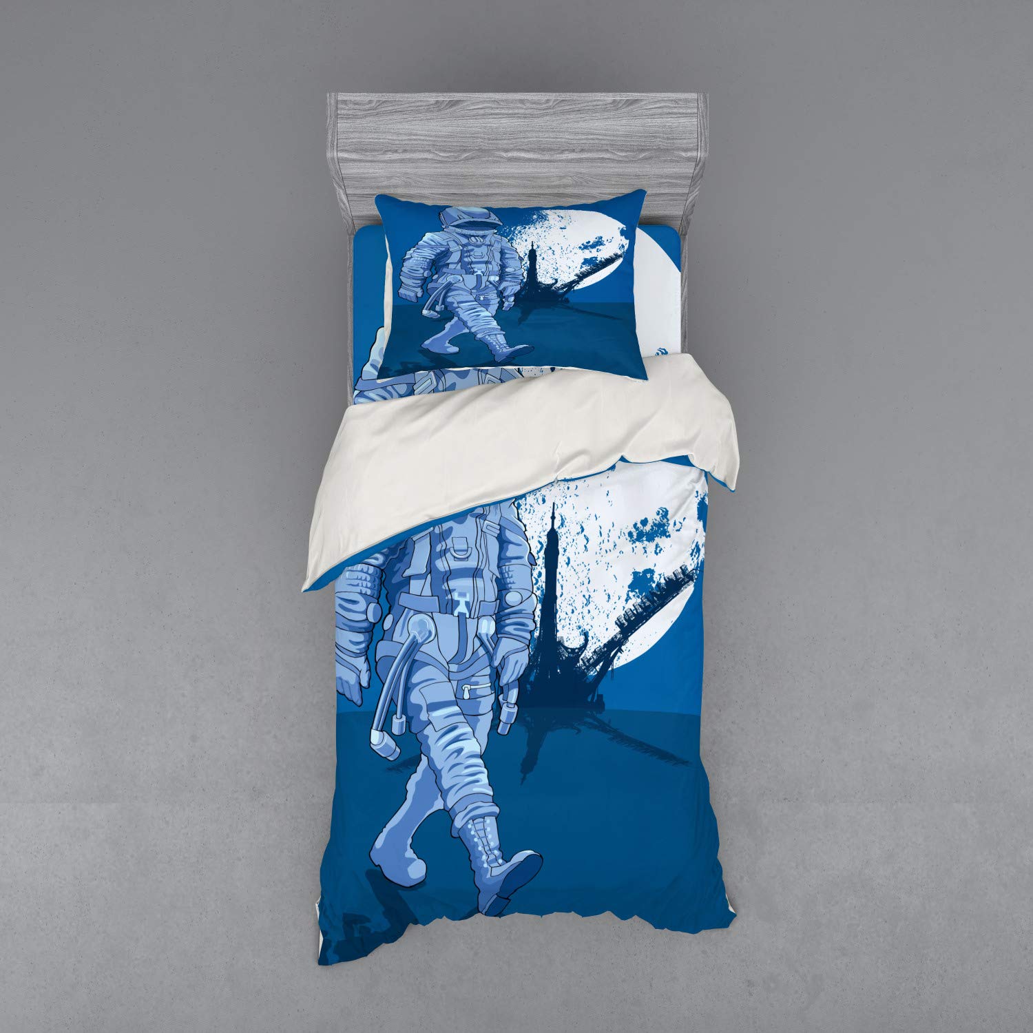 Ambesonne Astronaut Bedding Set - Twin XL 3-Piece Duvet Cover with Sham & Fitted Sheet, Space Themed Moon Walk Design in Night Blue & White - Perfect for Kids' Rooms, Space Enthusiasts & Sci-Fi Decor
