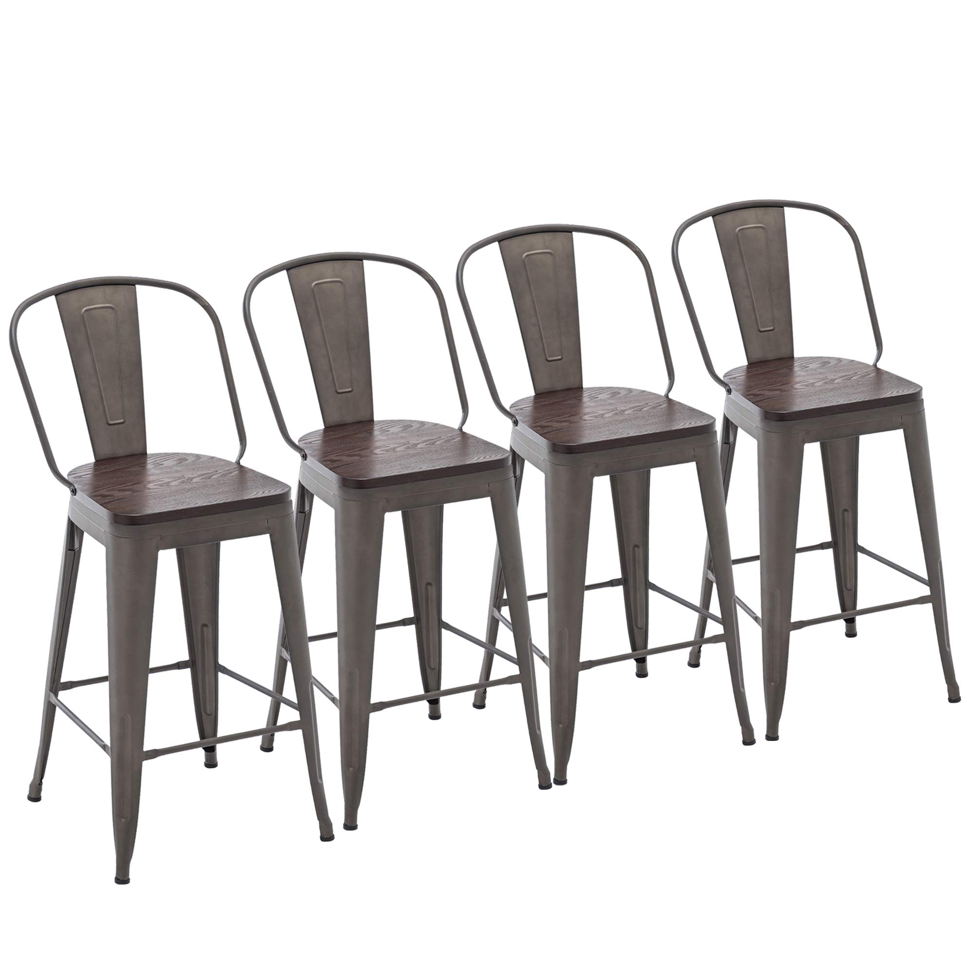 Yongchuang 24 Inch Metal Bar Stools Set of 4 - High Back Bar Height Chairs with Wood Top in Gunmetal Finish - Perfect for Kitchen Island, Dining Room & Home Bar Decor