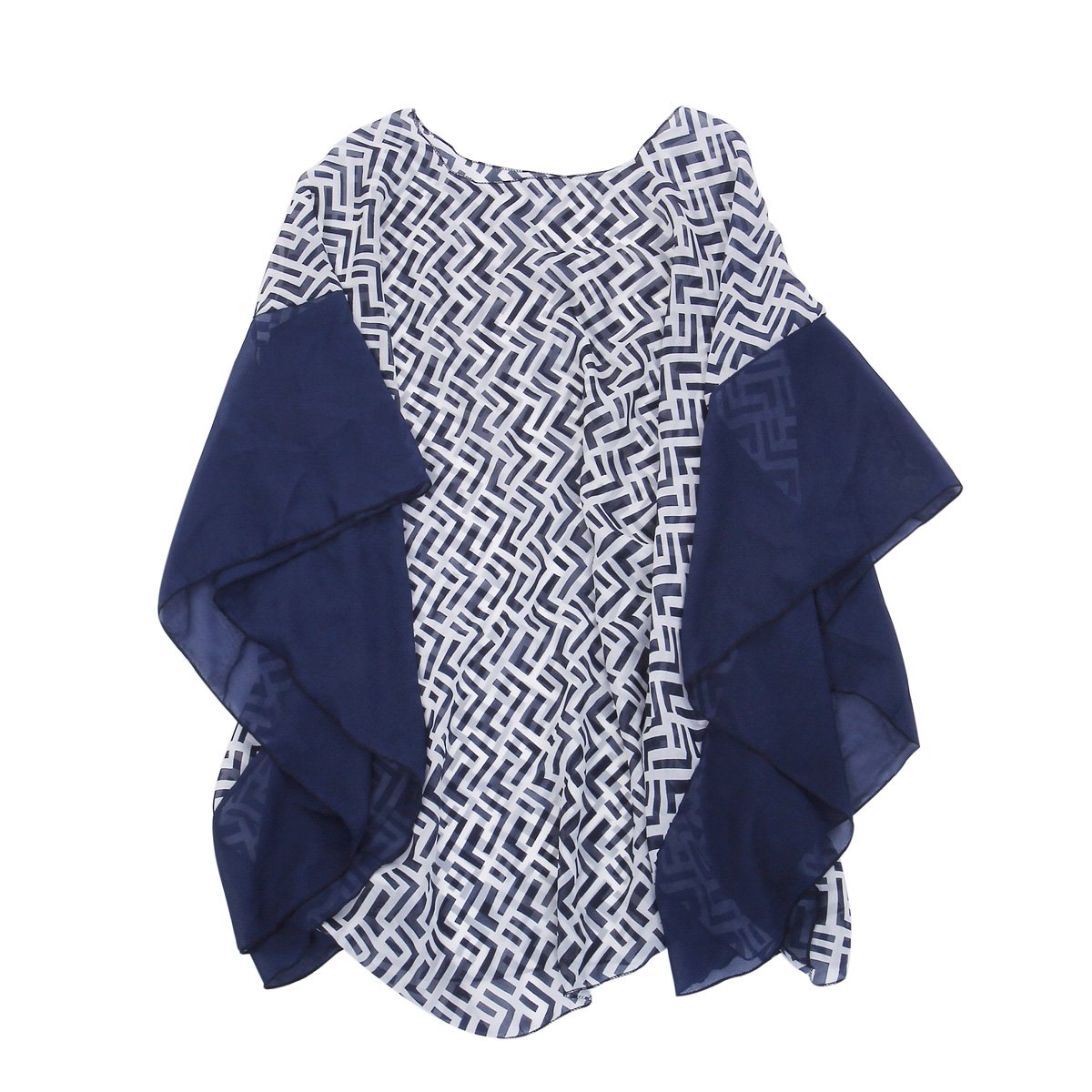 Trendy Blue Chiffon Geometric Print Sheer Kimono Wrap Blouse - Lightweight Beach Cover Up for Women, Summer Boho Fashion, Poolside & Vacation Outfit