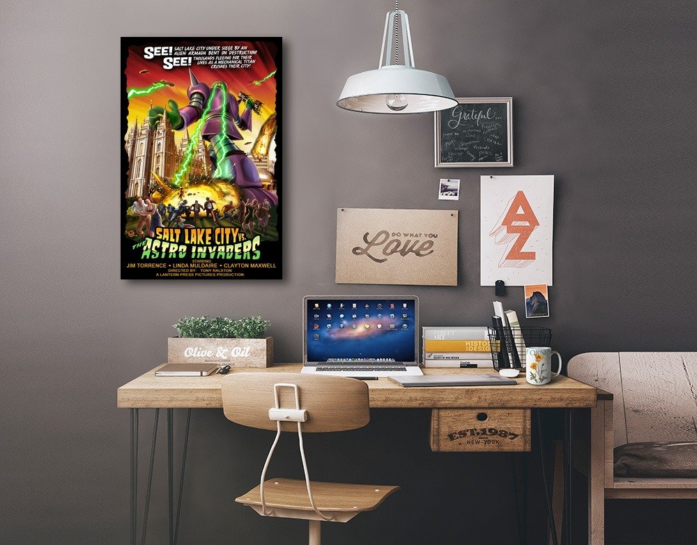 Salt Lake City Versus Astro Invaders - 16x24 Wrapped Canvas Wall Art, Modern Home Decor, Sci-Fi Landscape Painting for Living Room, Bedroom & Office