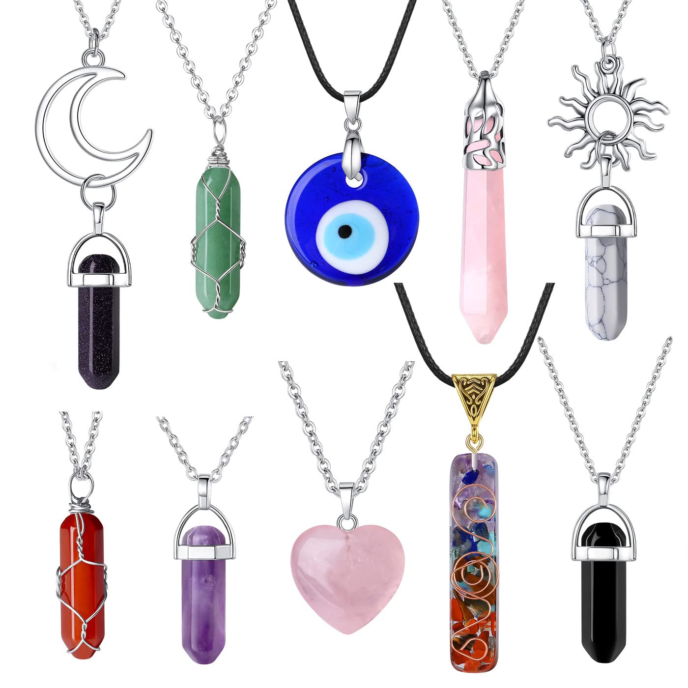 10 Pcs Crystal Necklaces for Women - Amethyst Evil Eye Chakra Necklace Set with Moon, Sun, Rose Quartz & Obsidian Healing Gemstone Pendants - Vintage Jewelry for Women - Perfect for Meditation, Gifts & Boho Fashion