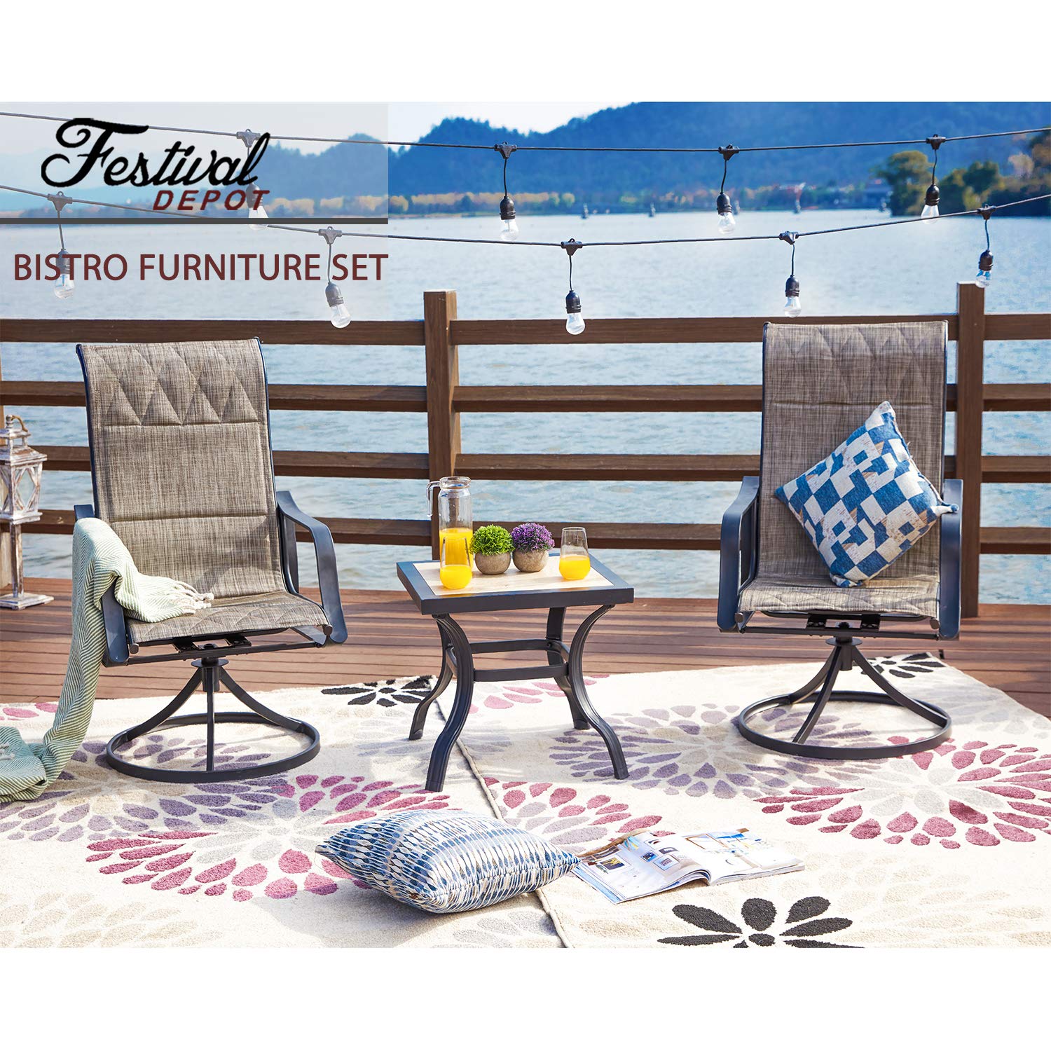 360° Swivel Outdoor Patio Dining Set - 3-Piece Bistro Chairs with Armrests & Square Metal Coffee Table - Steel Frame Rocking Furniture for Deck, Garden, Poolside - Perfect for Relaxing, Entertaining & Outdoor Gatherings (Gray)