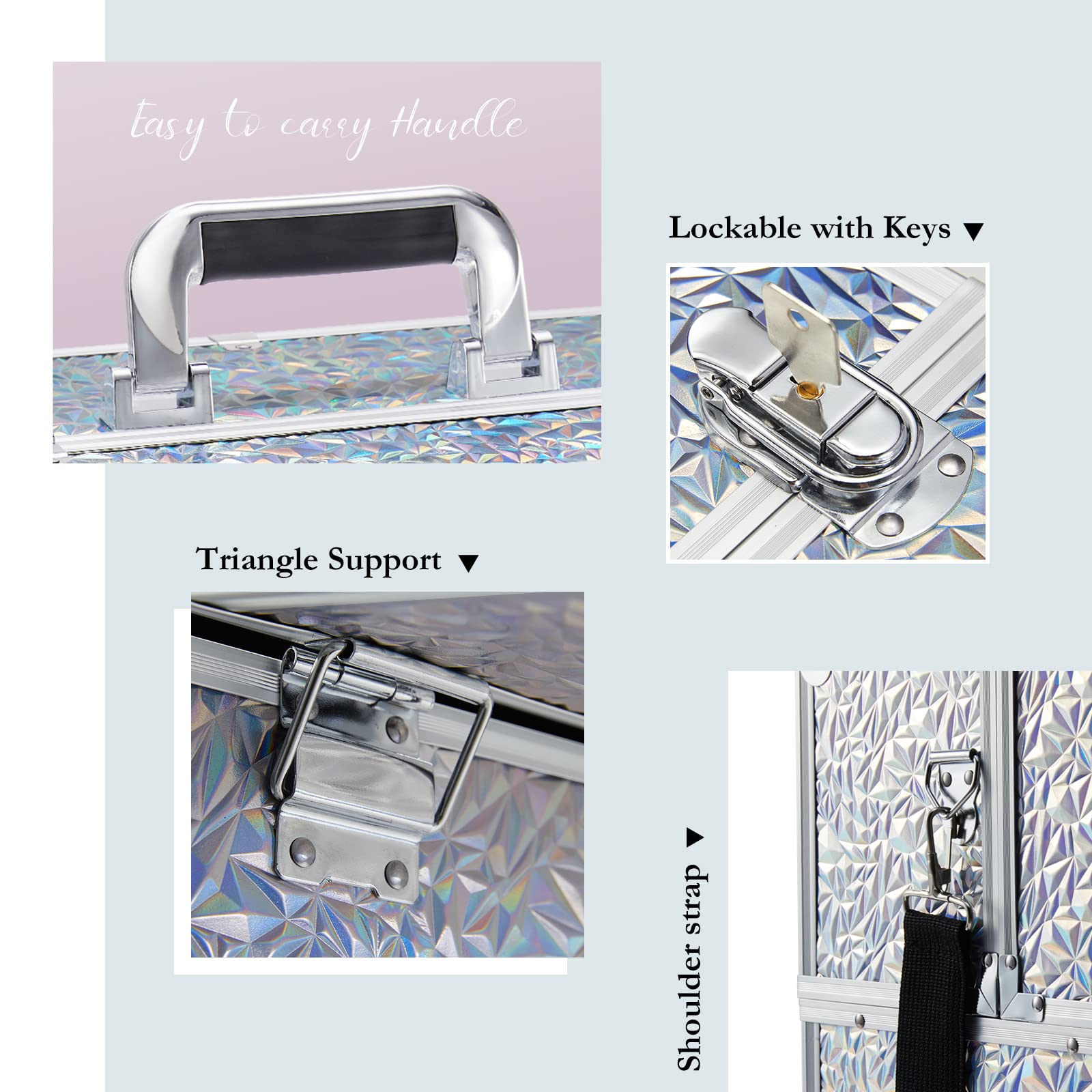 Professional Makeup Train Case with 6 Trays & Lock - Large Cosmetic Organizer Box for Artists & Stylists | Adjustable Dividers, Carrying Strap | Silver Holographic Iridescent Style | Perfect for Salon, Travel & On-Site Makeup Services