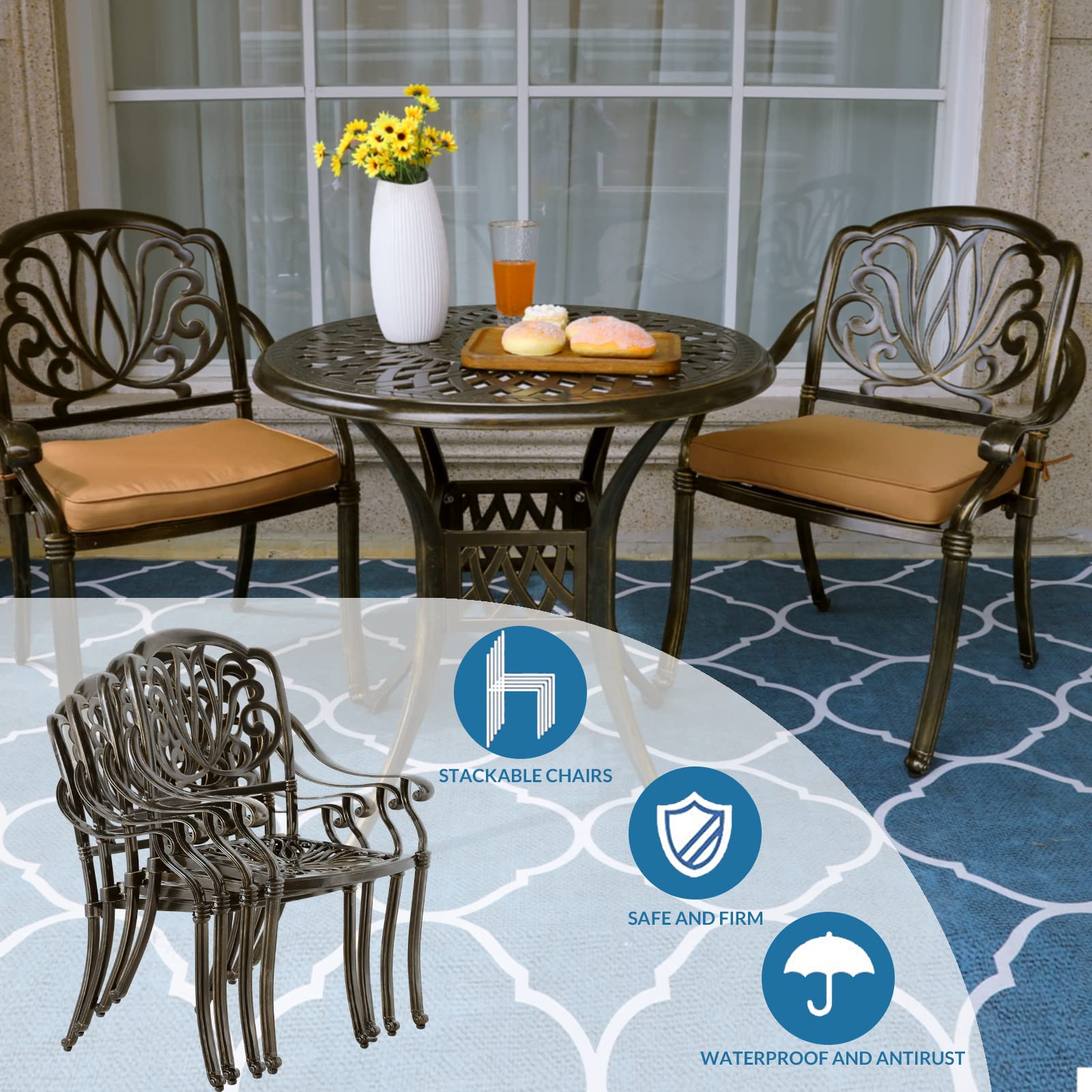 MEETWARM 2-Piece Outdoor Dining Chairs Set with Cushions - All-Weather Cast Aluminum Patio Chairs for Garden, Deck, Backyard - Dark Bronze - Perfect for Outdoor Entertaining and Relaxation