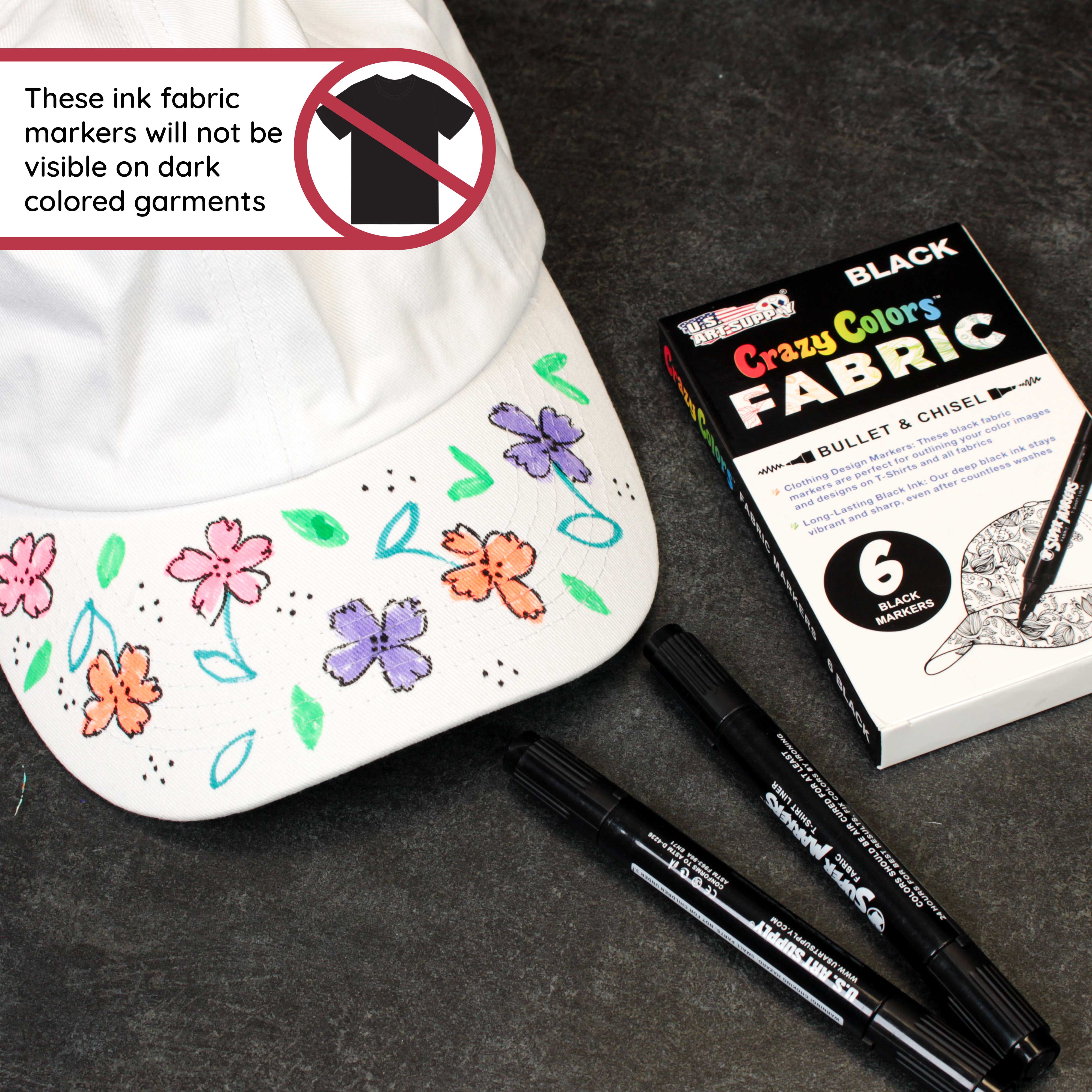 Premium Black Dual Tip Fabric & T-Shirt Markers Set of 6 - Double Ended Chisel & Fine Point Markers for DIY Crafts, Custom Clothing, and Fabric Art Projects
