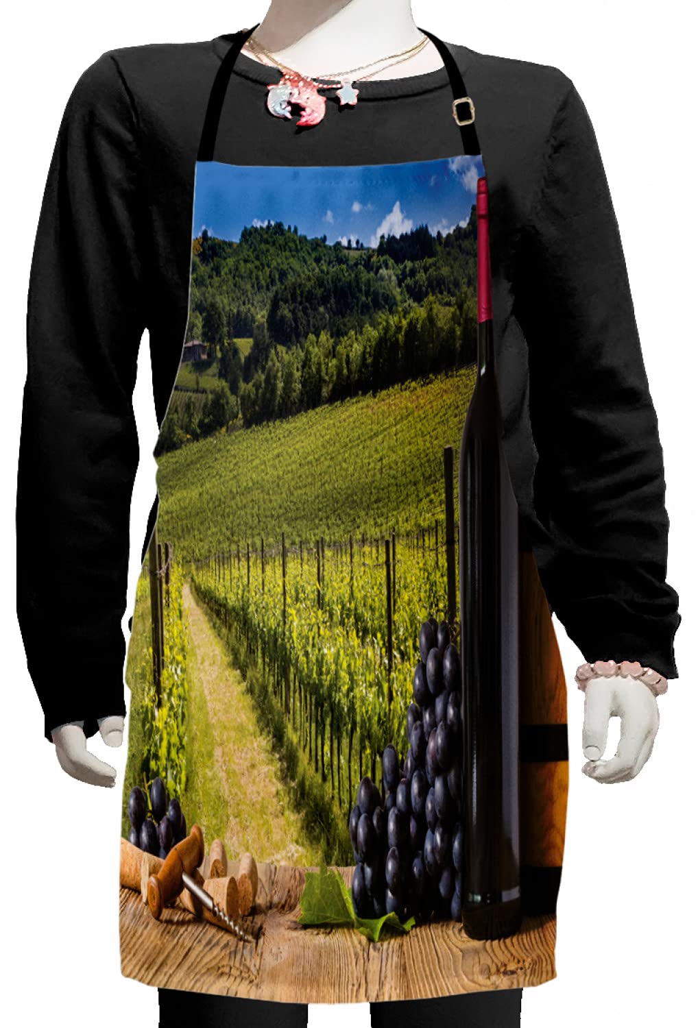 Ambesonne Winery Apron - Red Wine Bottles & Grapes on Wooden Board Tuscany Italian Terrace Design, Adjustable Ties Kitchen Apron for Baking, Cooking, Painting - Small Size Green Blue Brown - Perfect for Wine Tasting, Home Cooking & Art Classes