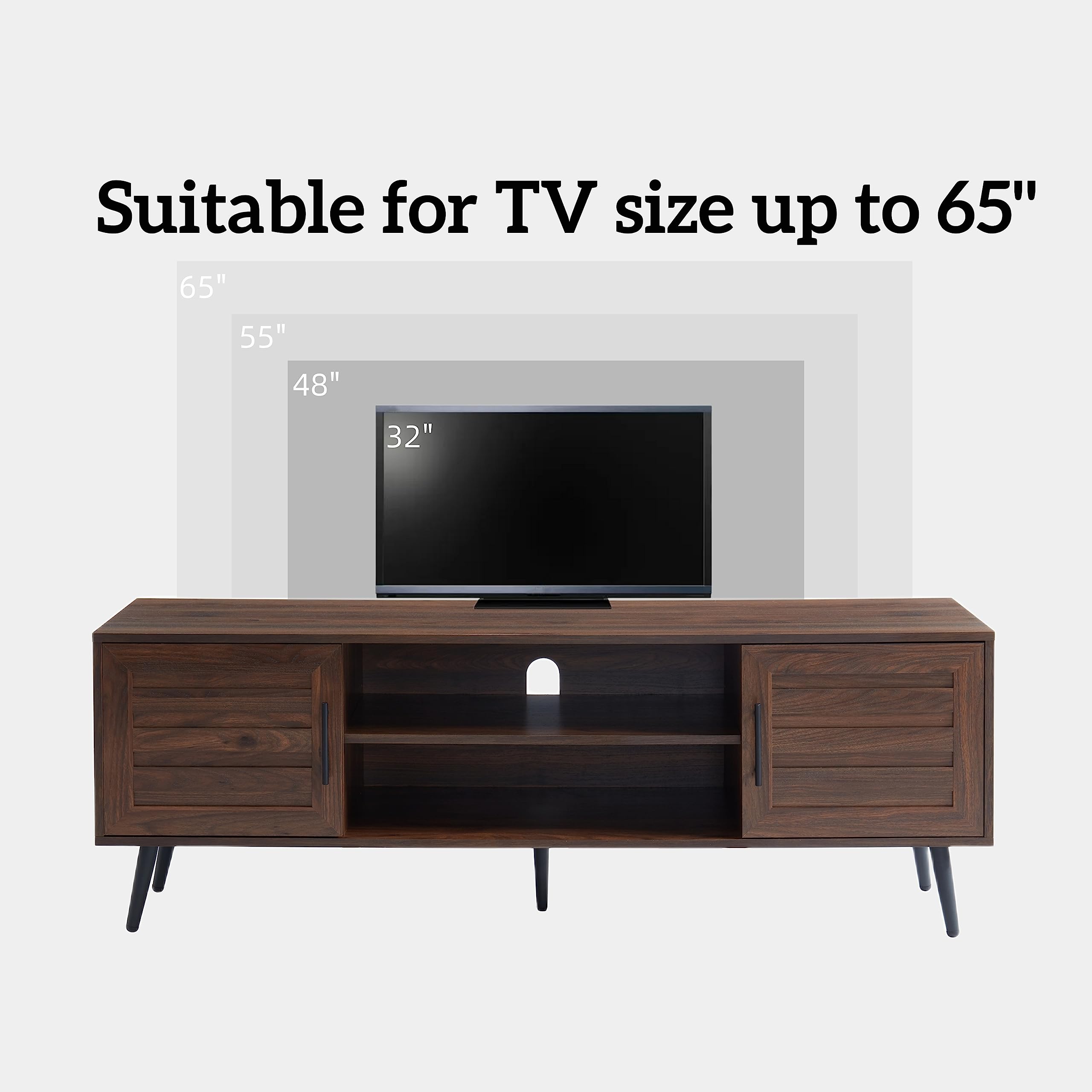 Mid Century Modern TV Stand Entertainment Center - Dark Walnut Wood Media Console with Open Shelves & 2 Storage Cabinets for 65 Inch Flat Screen TVs - Perfect for Living Room, Home Theater & Gaming Setup