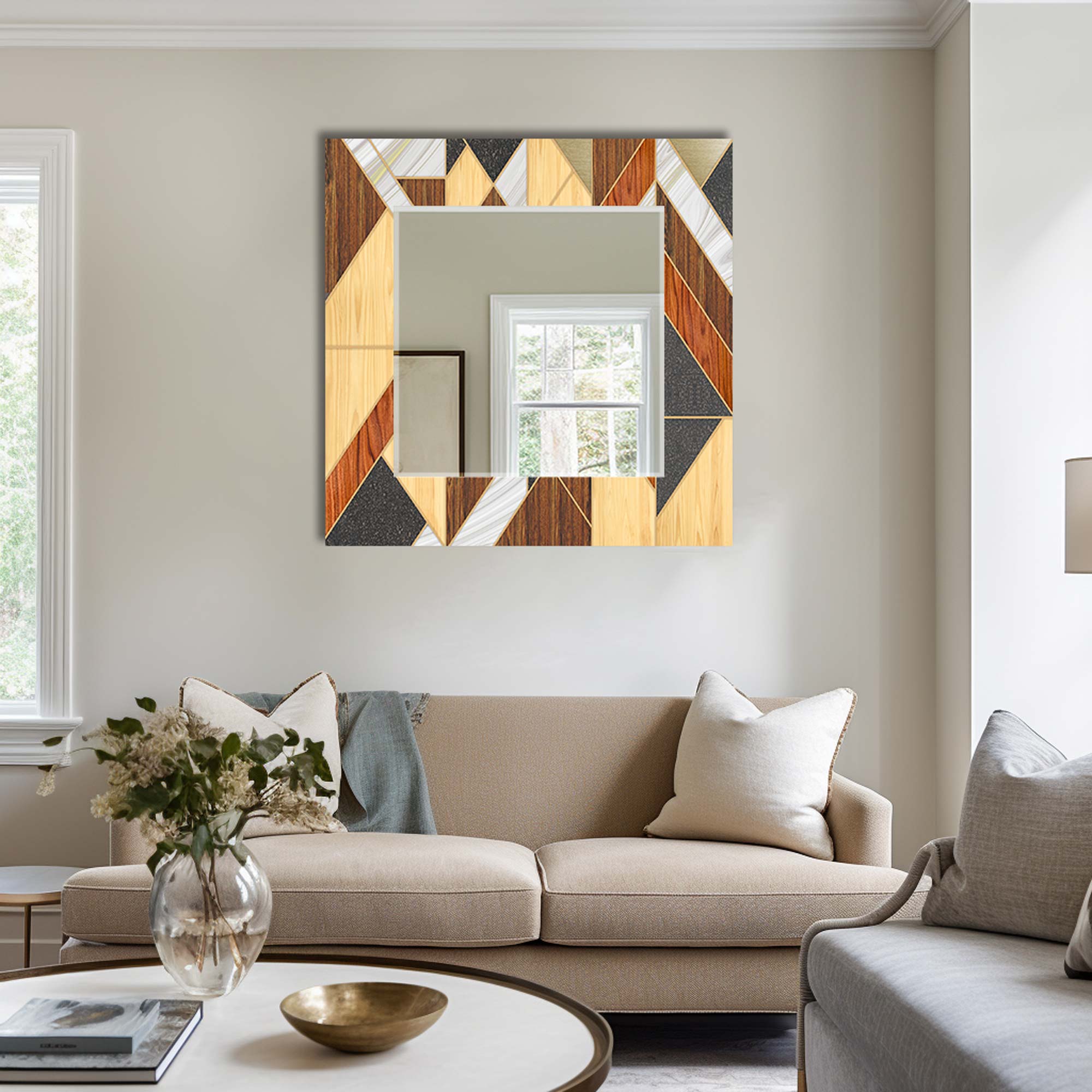 Stylish Wooden Framed Tempered Glass Wall Mirror - Elegant Home Decor for Bedroom, Bathroom & Living Room - Shatterproof & Durable Design for Daily Use