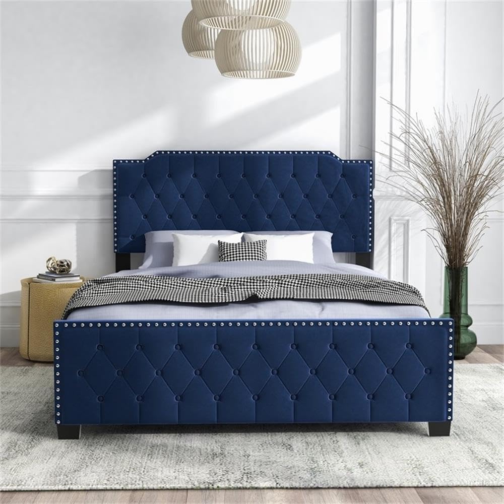 Furniture of America Chetana Navy Blue Tufted Full Upholstered Wood Bed Frame - Queen Size Platform Bed with Solid Wood Legs for Modern Bedroom Decor