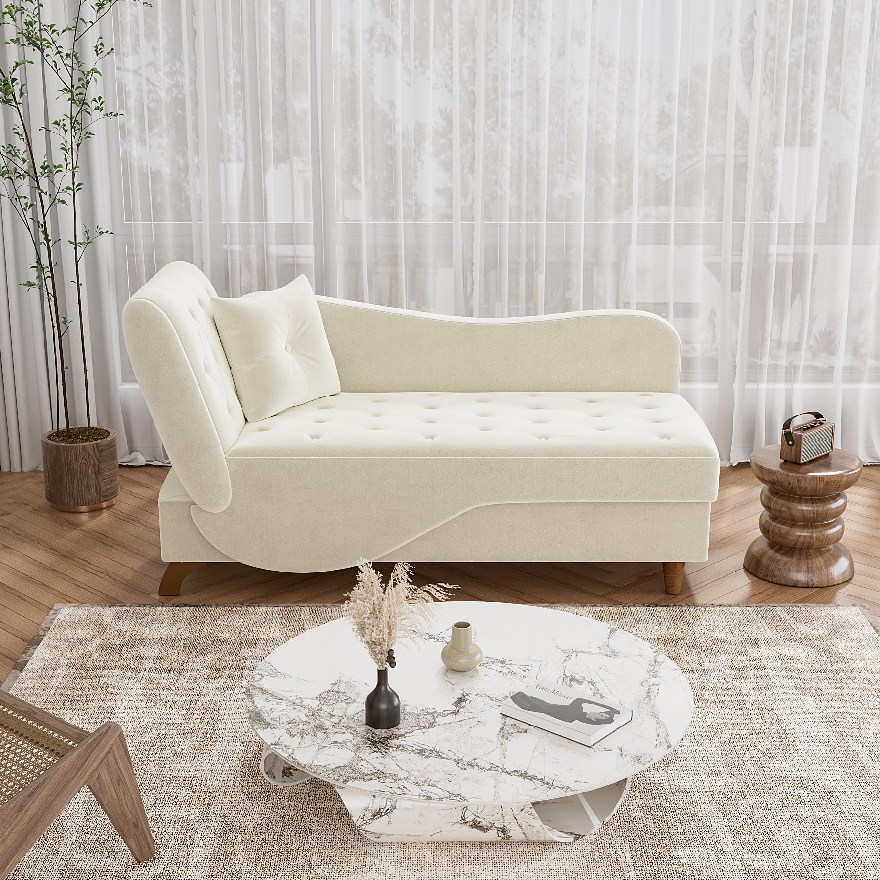 OUYESSIR Velvet Upholstered Chaise Lounge - Adjustable Recliner Sofa with Storage & Pillow, Button Tufted Living Room Chair for Bedroom, Office - Beige | Perfect for Relaxing, Reading & Small Space Living