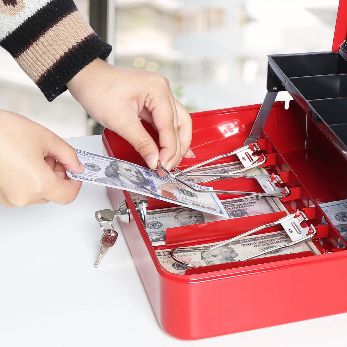 Jssmst Large Locking Cash Box with Money Tray & Security Cable - Heavy Duty Metal Money Box with Key Lock (Red) - Perfect for Home, Office, Retail Stores & Small Business Cash Management