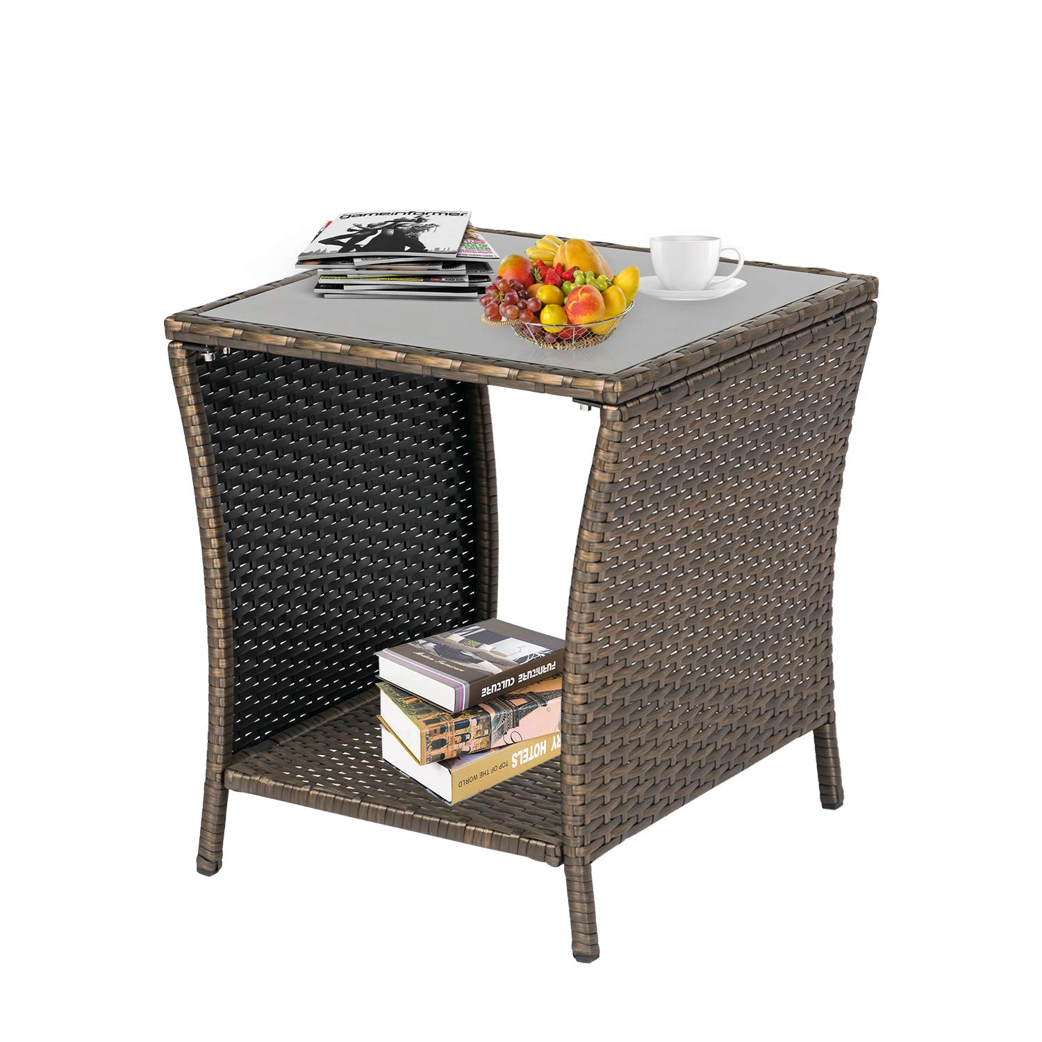 Kinsuite PE Patio Side Table - Outdoor Wicker Coffee Table with Glass Top, Rattan End Table with Iron Frame for Backyard, Lawn, Balcony & Pool - Perfect for Relaxing, Entertaining & Outdoor Decor (Dark Blonde)
