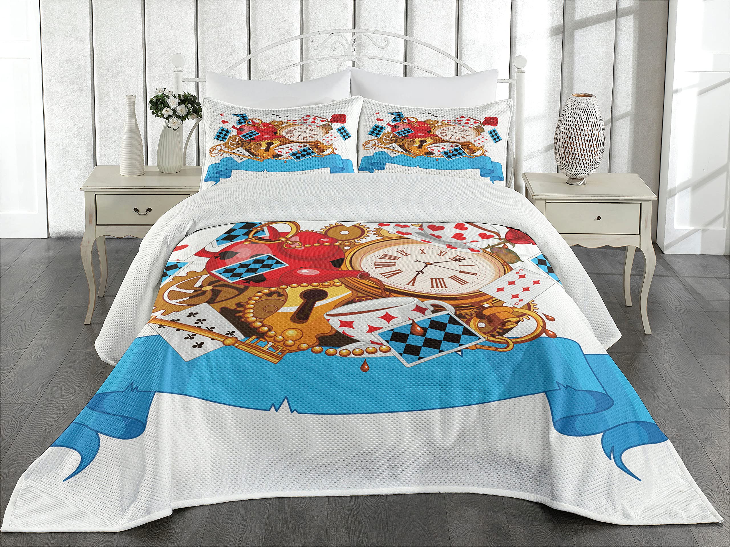 Ambesonne Alice in Wonderland 3-Piece Quilted Bedspread Set with 2 Pillow Shams - King Size Fantasy Themed Bedding, Mad Tea Party Design with Cards, Clocks & Flowers - Perfect for Whimsical Bedroom Decor & Themed Guest Rooms