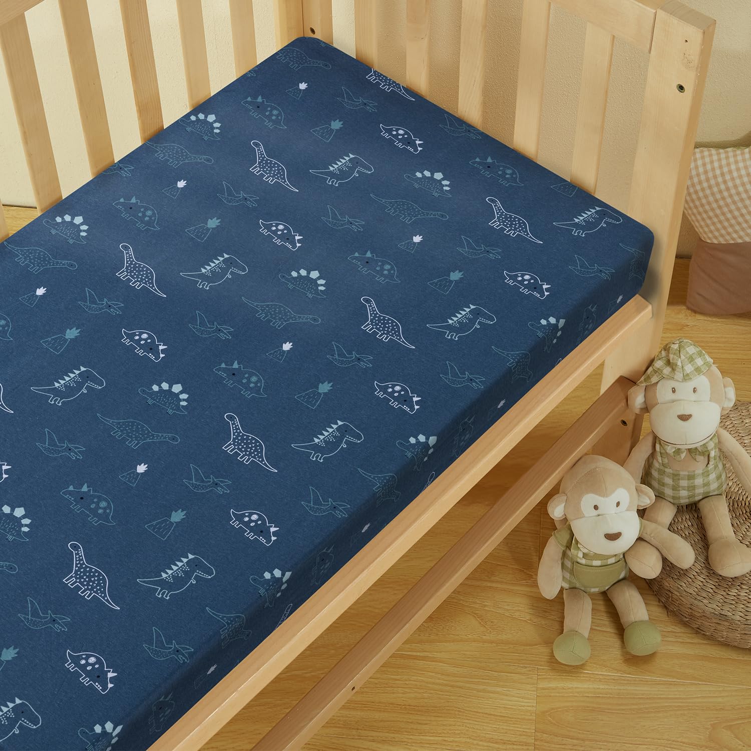 Premium 2-Pack 100% Cotton Crib Sheets for Boys & Girls - Ultra Soft Standard Crib Fitted Sheets (52x28 Inches) | Dinosaur & Denim Blue Designs | Perfect for Nursery, Daycare & Toddler Beds