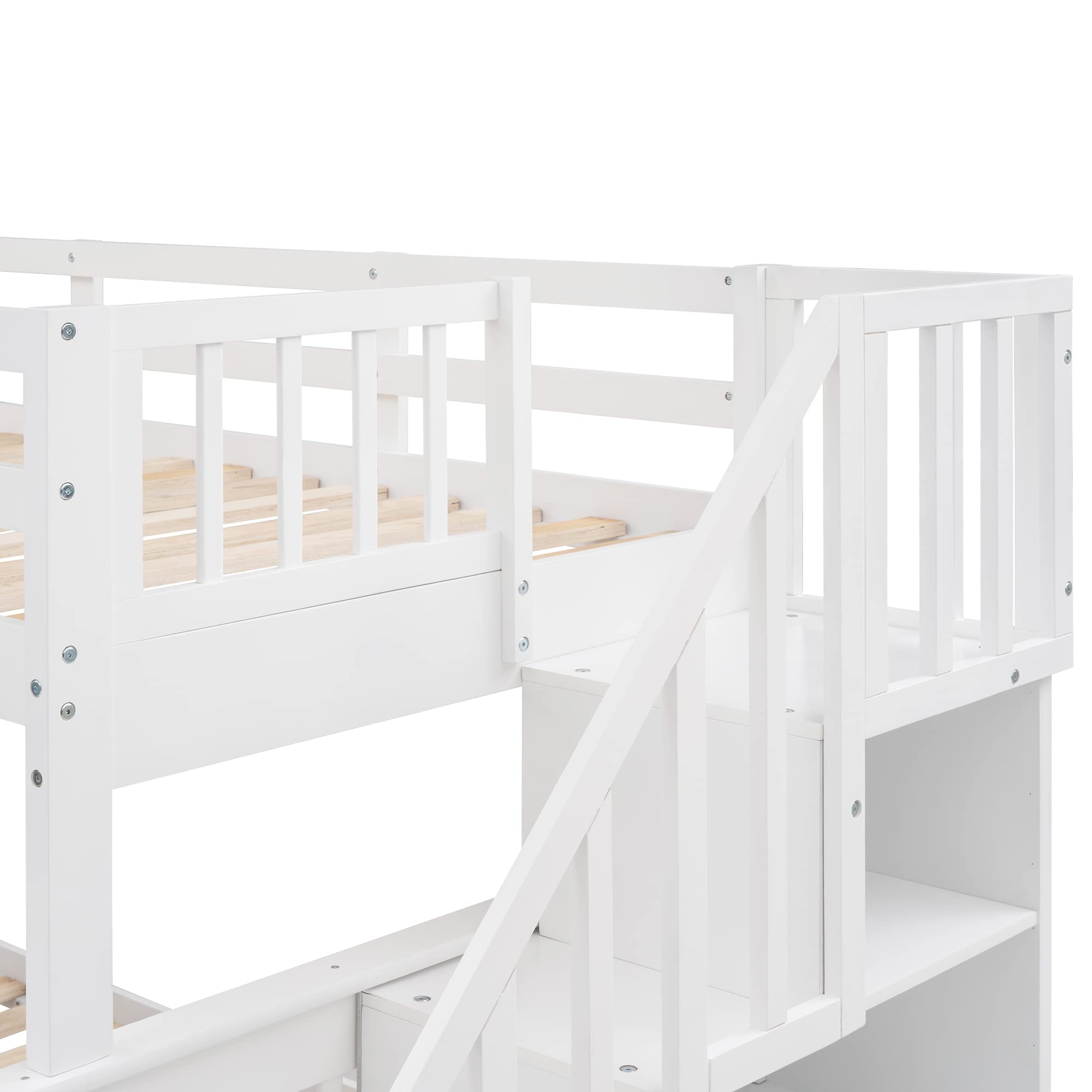 P PURLOVE Stackable Twin-Over-Full Bunk Bed with Stairway - Wooden Storage Bunk Bed with Shelves & Guard Rail for Teens & Kids - Convertible into 2 Separate Beds - White Bed Frame - Perfect for Small Rooms, Shared Kids' Bedrooms & Space-Saving Solutions