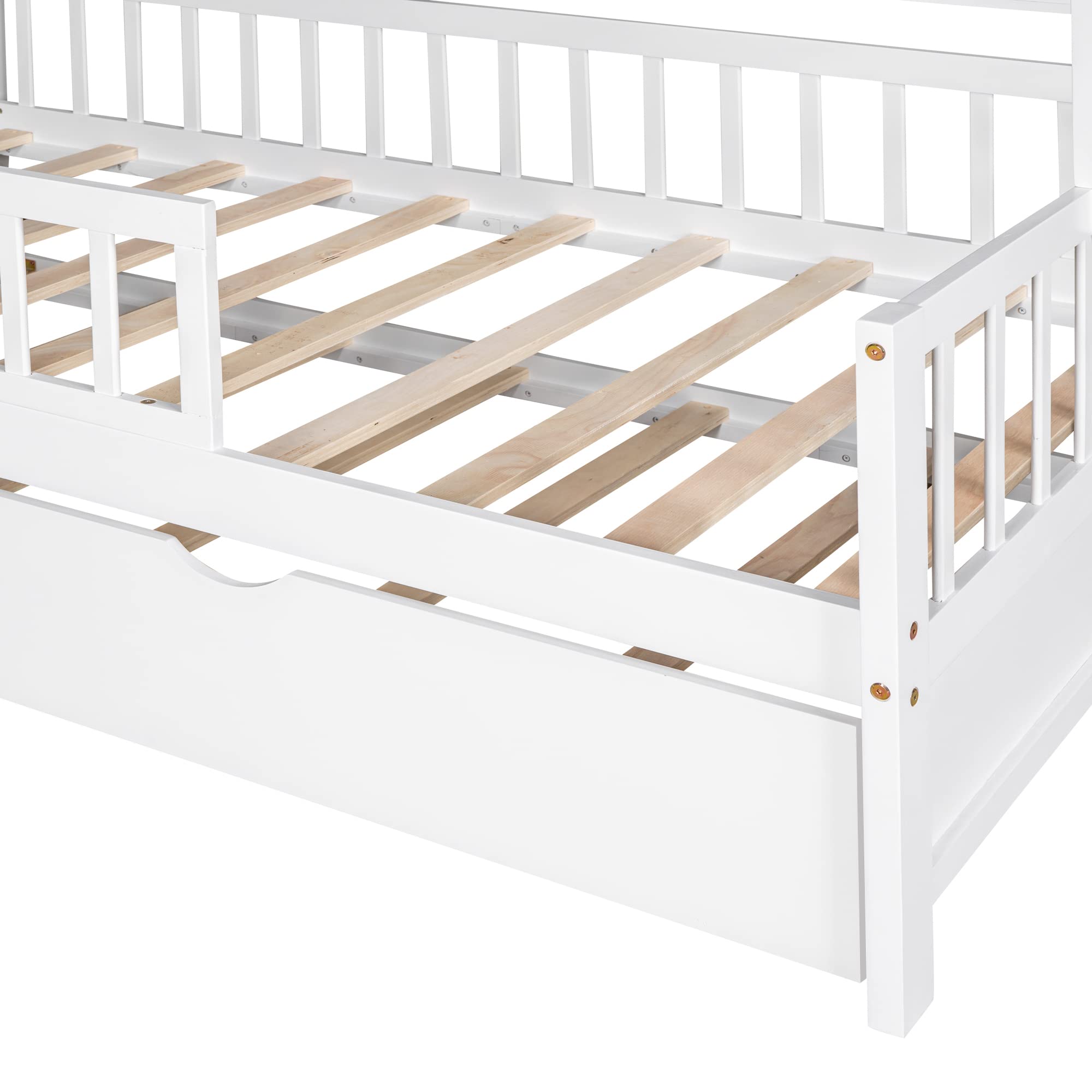 P PURLOVE Twin Size House Bed Frame with Trundle - Montessori Style Kids Bed for Boys & Girls, White - Perfect for Bedrooms, Playrooms & Montessori Learning Spaces