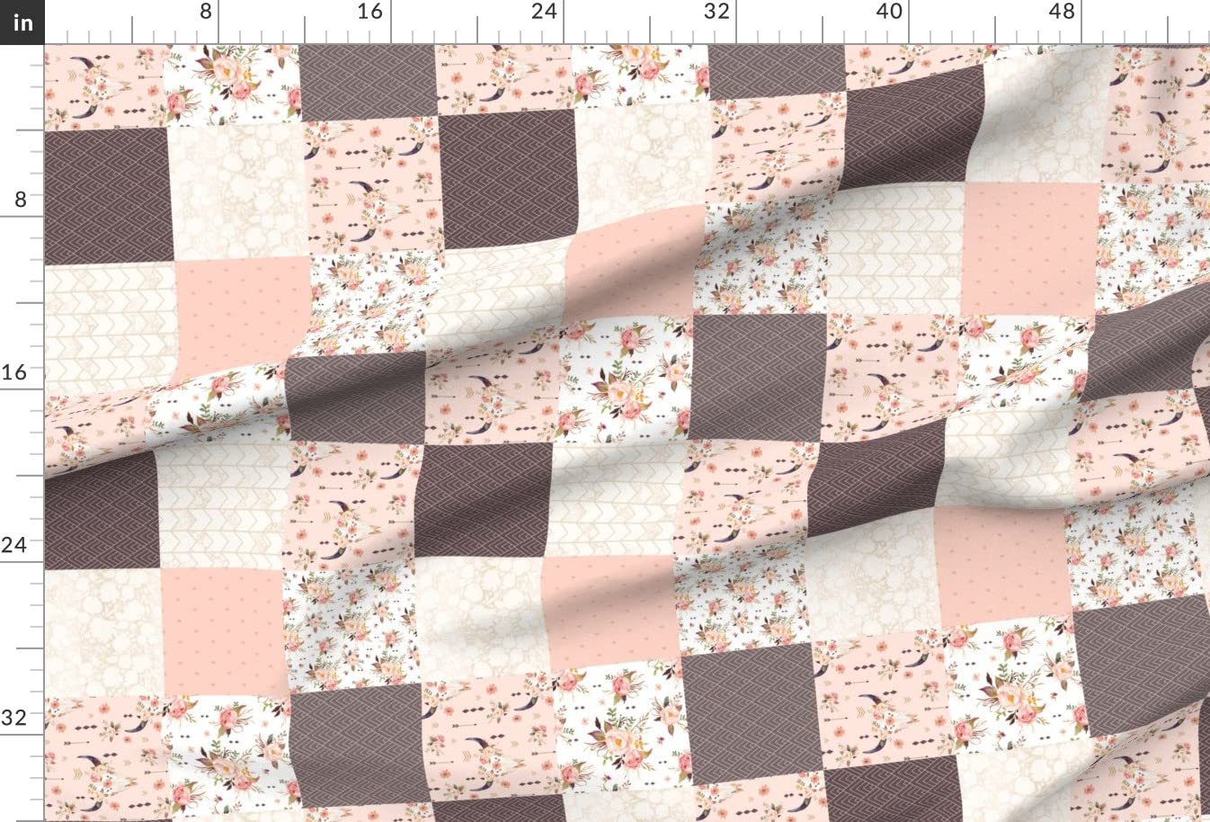 Boho Bison Skull Flowers Printed Satin Fabric by The Yard - Cheater Quilt Wholecloth in Rotated Peach Brown - Perfect for Sewing, Lining, Apparel, Fashion, Blankets & Home Decor
