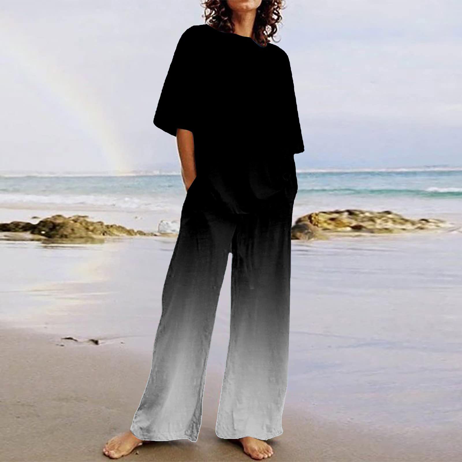 Stylish Petite Jumpsuits for Women | 2-Piece Casual Outfit with Crewneck Short Sleeve Top & Wide Leg Pants | Perfect for Summer, Travel & Everyday Wear