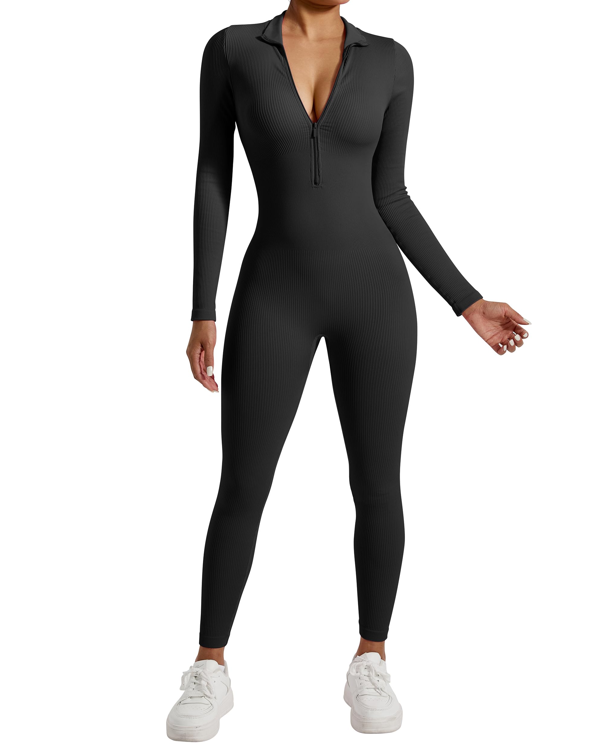 OMKAGI Women's Long Sleeve Zip Front Jumpsuit - Ribbed High Neck Workout Romper for Yoga, Gym & Casual Wear | Stretchy Comfort Outfit for Women