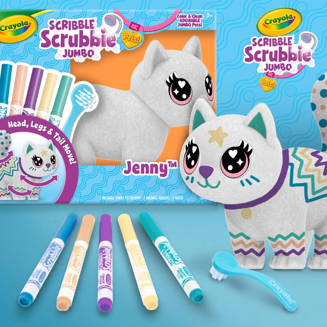 Crayola Scribble Scrubbie Jumbo - 6 Inch Large Posable Animal Toy Cat for Kids, Washable & Reusable Pet Grooming Playset - Perfect Gift for Boys & Girls | Bath Time, Pretend Play & Creative Learning Activity