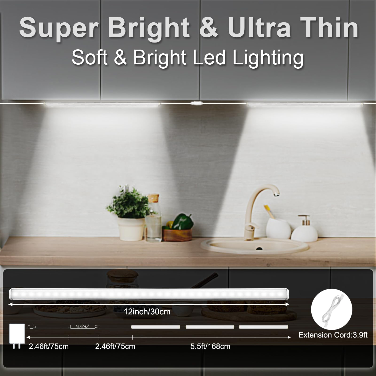 Daymeet Ultra Thin 12 Inch LED Under Cabinet Lights - Super Bright, 3 Color Temperatures, Dimmable with Remote & App Control - Perfect for Kitchen, Closet, Pantry, and Workspace Lighting (3 Pack)