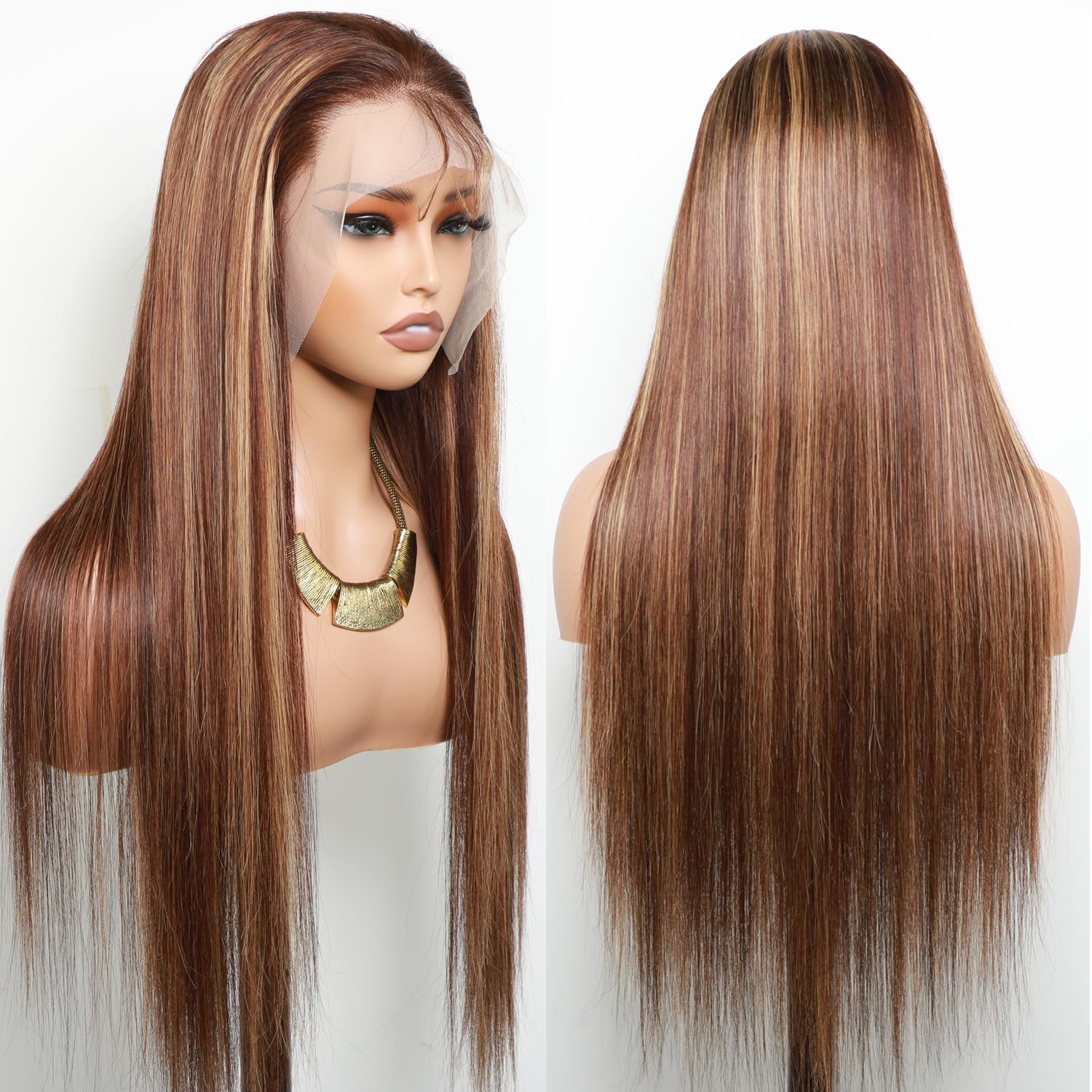 30 Inch Honey Blonde 4/27 Lace Front Wig - 13x4 HD Transparent Lace Human Hair Wig with Ombre Highlights, 180% Density Pre-Plucked with Baby Hair - Perfect for Daily Wear, Cosplay & Special Occasions