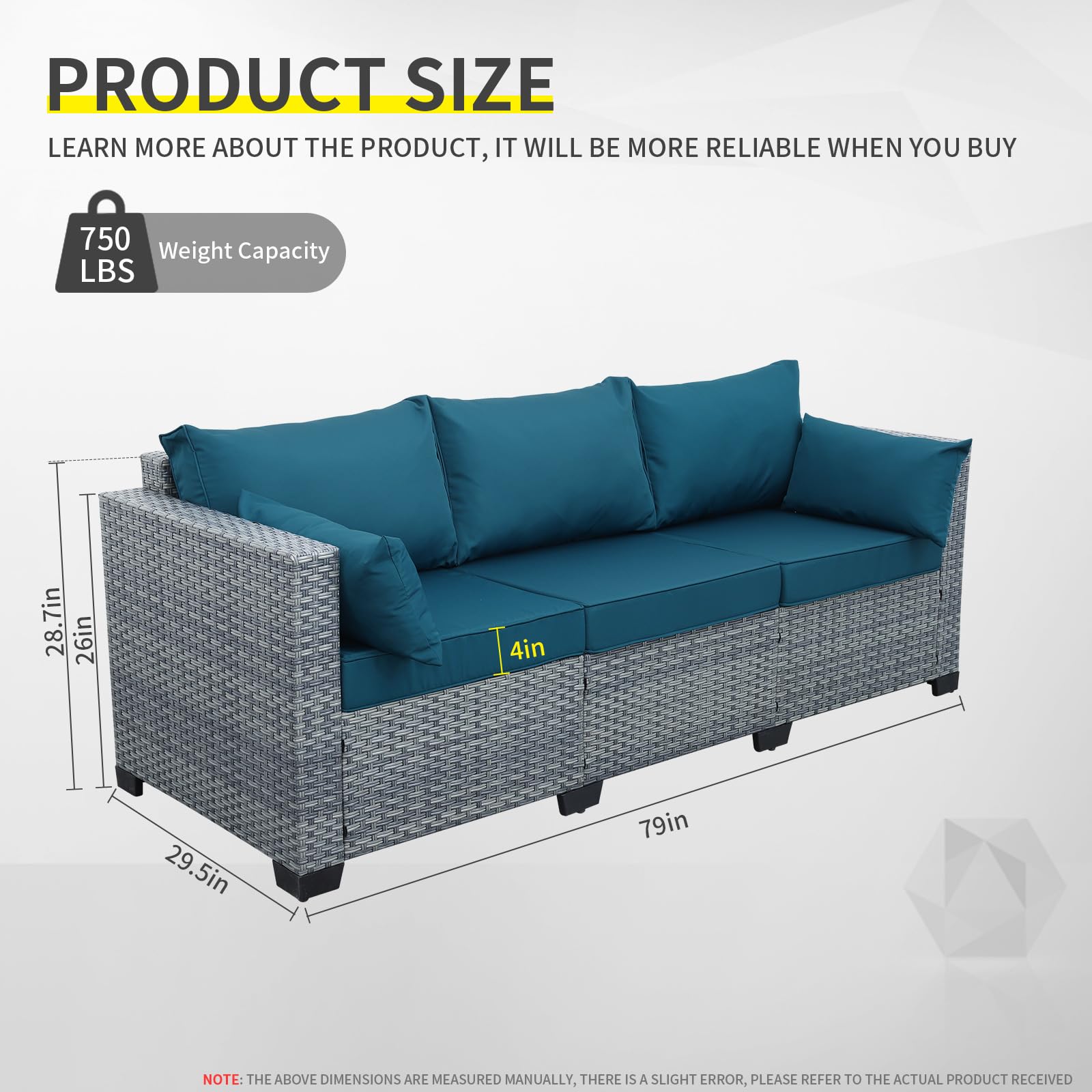 All-Weather PE Rattan Wicker Patio Couch - 3-Seat Outdoor Sofa Set with Deep Seating & Peacock Blue Cushions - Perfect for Deck, Garden, Poolside or Backyard Relaxation