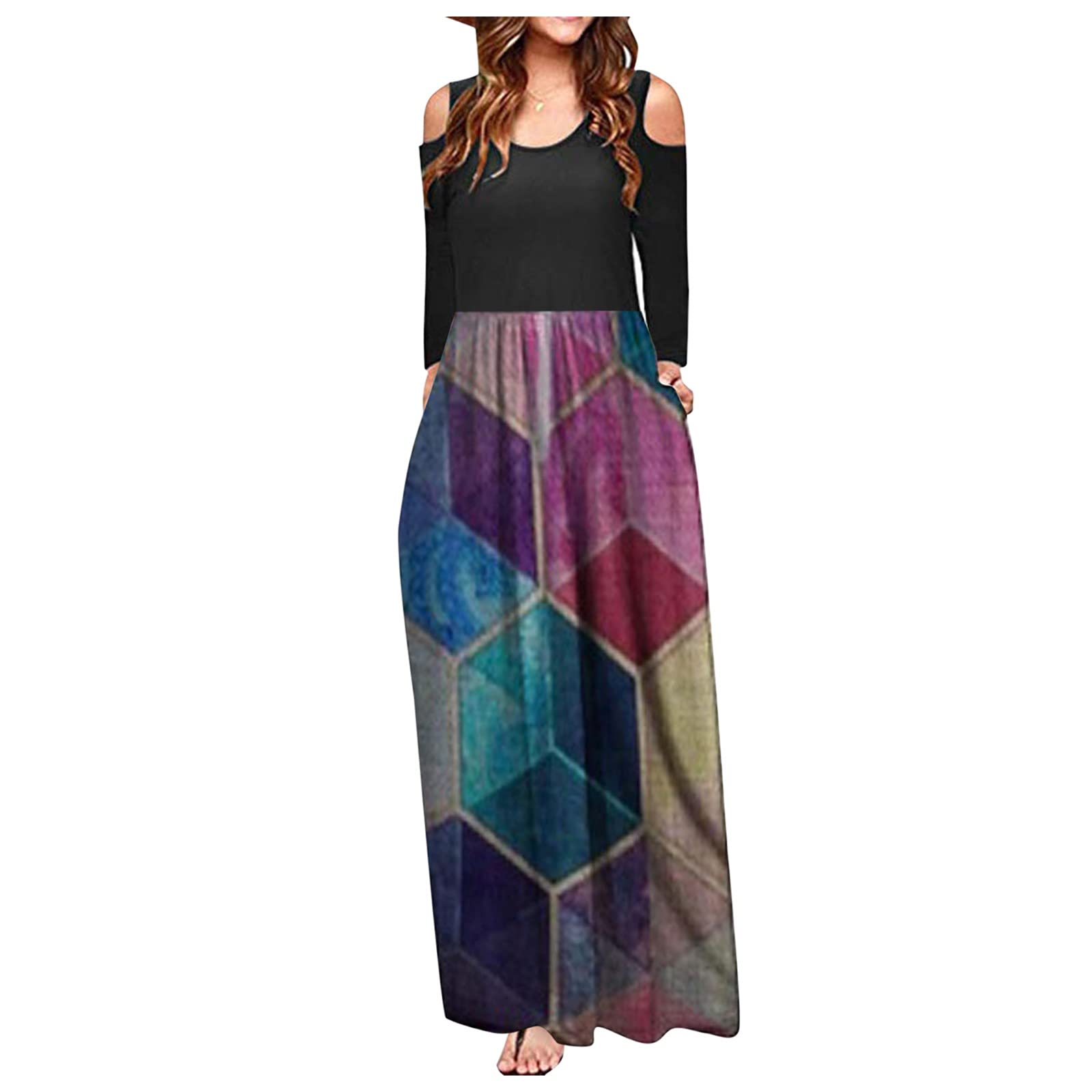 Women's Casual Printed Off Shoulder Long Sleeve Maxi Dress - Spring Summer Flowy Boho Dress for Beach, Vacation, Date Night & Outdoor Parties
