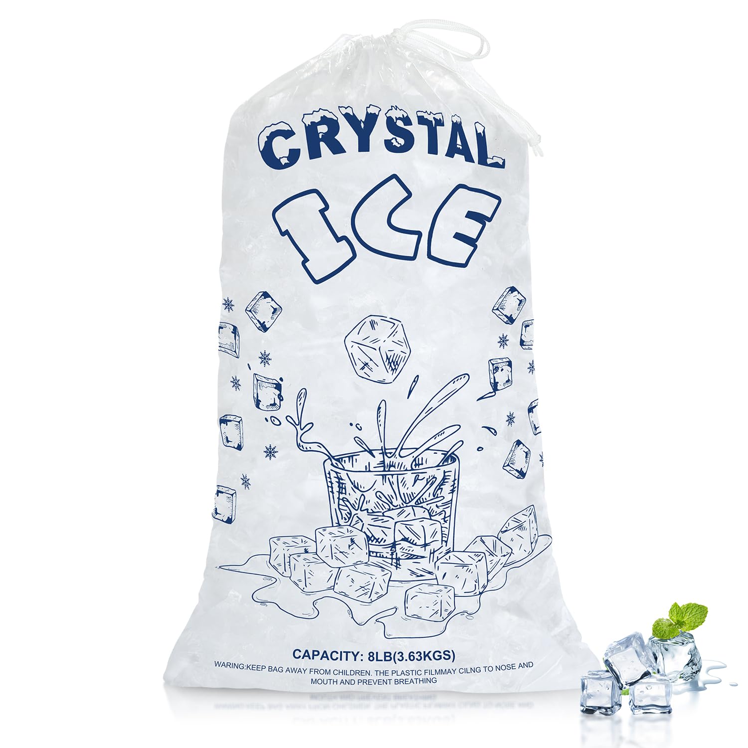 8lb Ice Bags with Drawstring - 50 Pack Thick Plastic Ice Storage Bags (2 Mil) for Coolers, Parties & Outdoor Activities