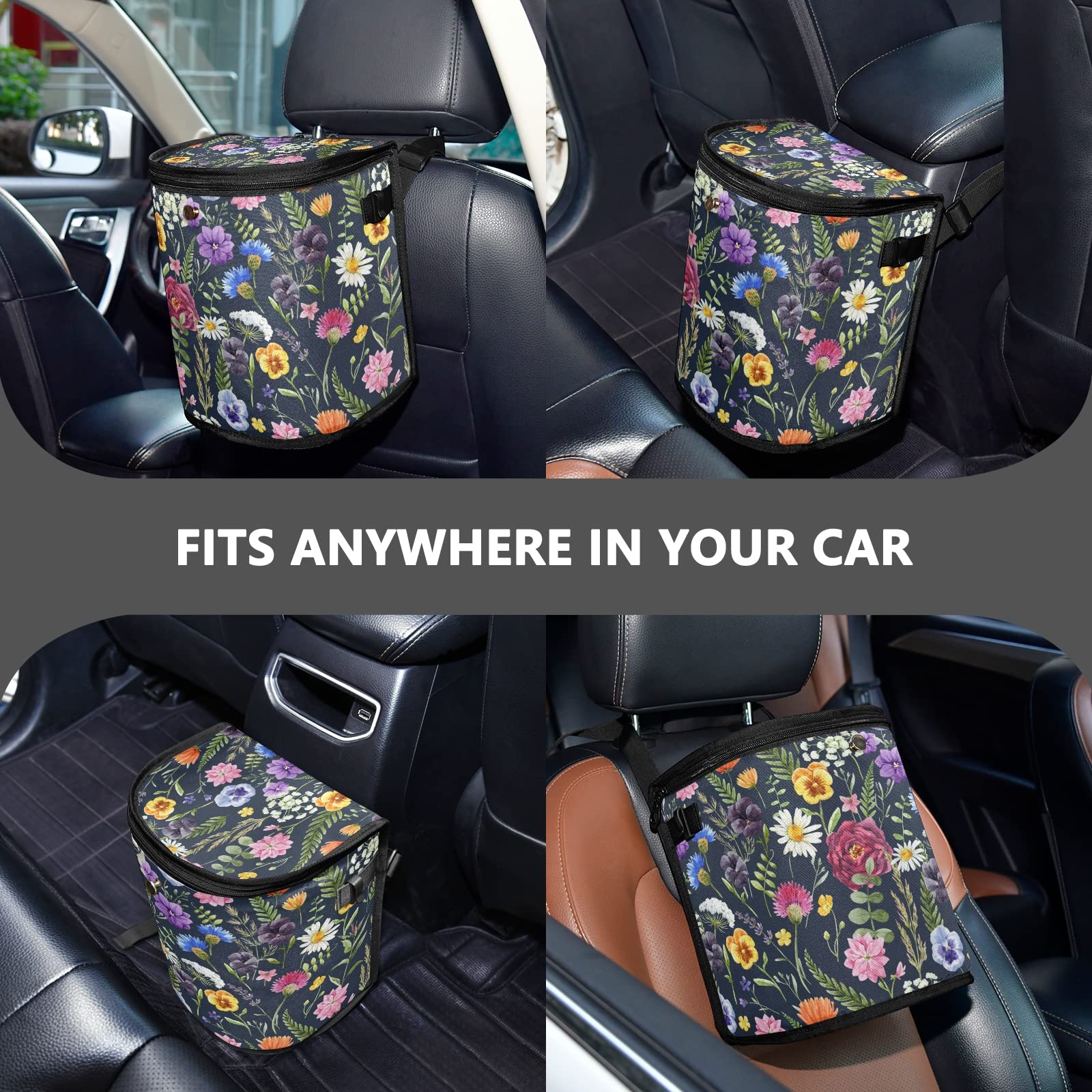 J JOYSAY Collapsible Hanging Car Trash Can - Waterproof Leakproof Car Garbage Bag Organizer with Floral Design, Portable Large Capacity Auto Waste Container for Road Trips, Commuting & Family Travel