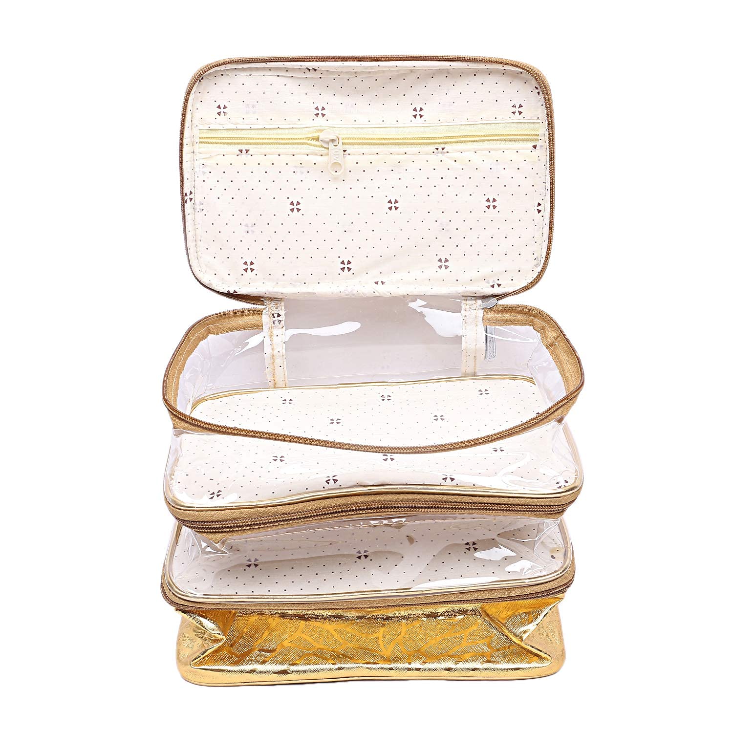 Kuber Industries 3-Layer Travel Cosmetic Bag - Waterproof Makeup Organizer for Toiletries (2 Pack, Gold) | Perfect for Travel, Gym & Daily Use