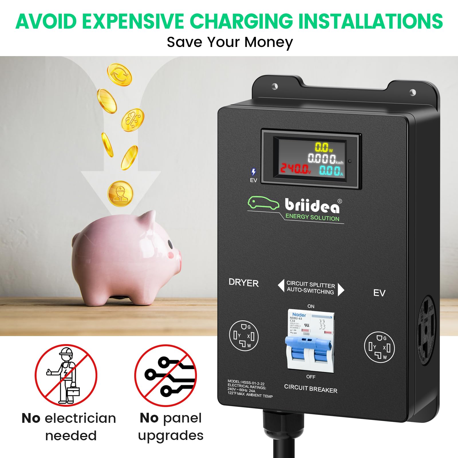 Briidea Automatic Power Switch for Dryer and EV Charger - 40A NEMA 14-30 Plug, Fast Charging Electric Vehicle & Laundry Dryer - Perfect for Home, Garage & RV Use