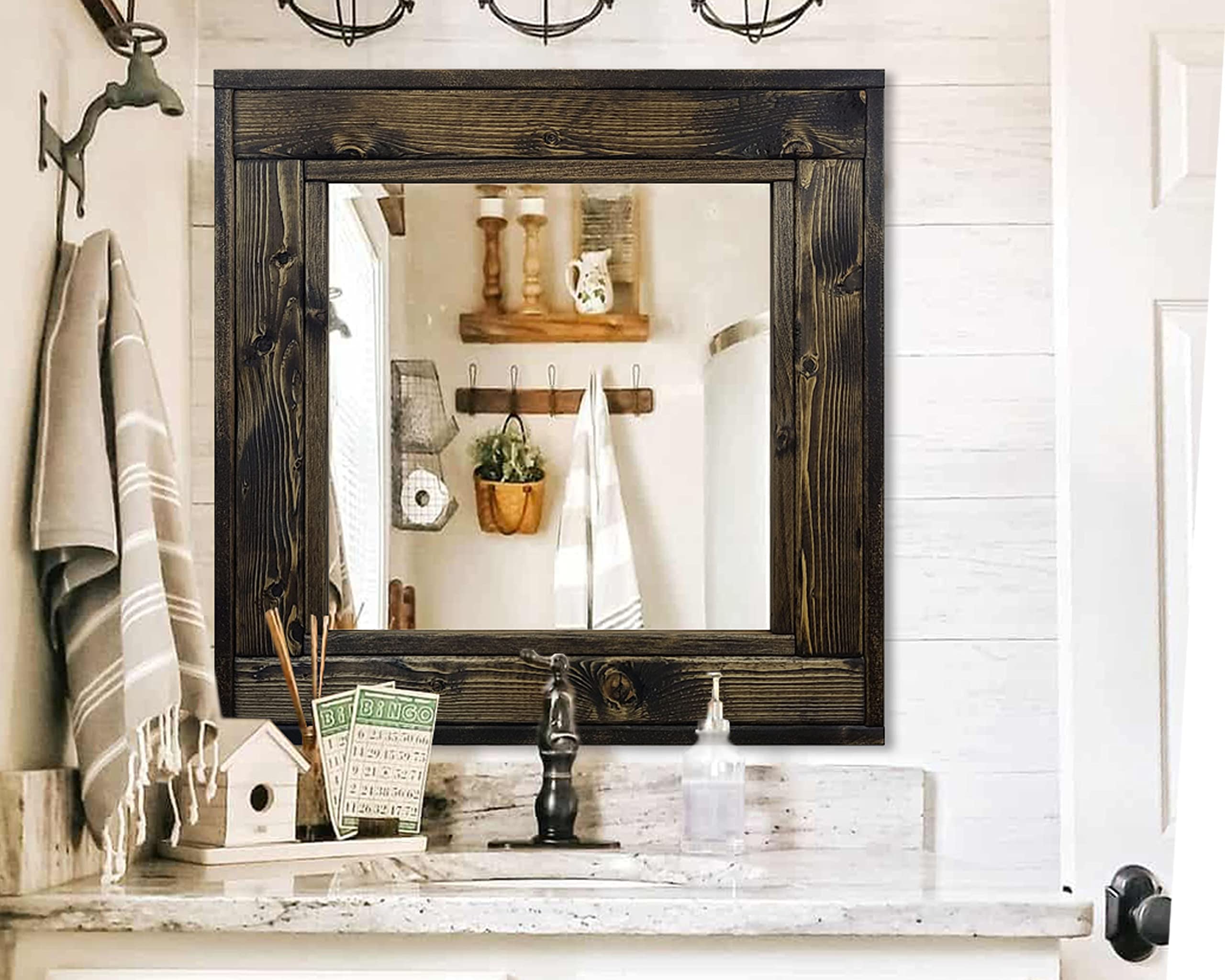 Square Frame Herringbone Reclaimed Wood Mirror - 12 Sizes & 20 Stain Colors (Dark Walnut Shown) - Rustic Wall Decor for Living Room, Bedroom, Entryway - Handcrafted Decorative Square Mirror
