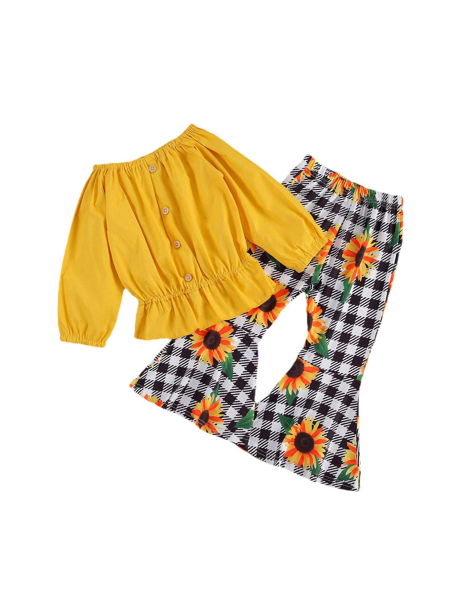 2Pcs Kids Suit Set - Yellow Long Sleeve Top & Sunflower Pants for Playtime