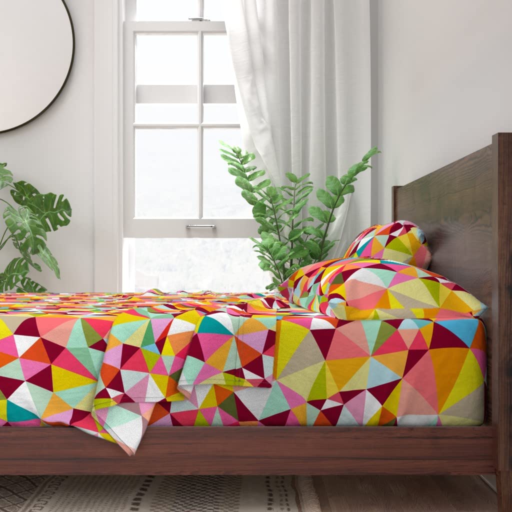 Magic Triangle Geometric Abstract Cotton Sheets - Queen 4pc Bedding Set | 100% Cotton Kaleidoscope Print Duvet Cover & Pillowcases | Soft & Breathable for Cozy Bedroom Decor
