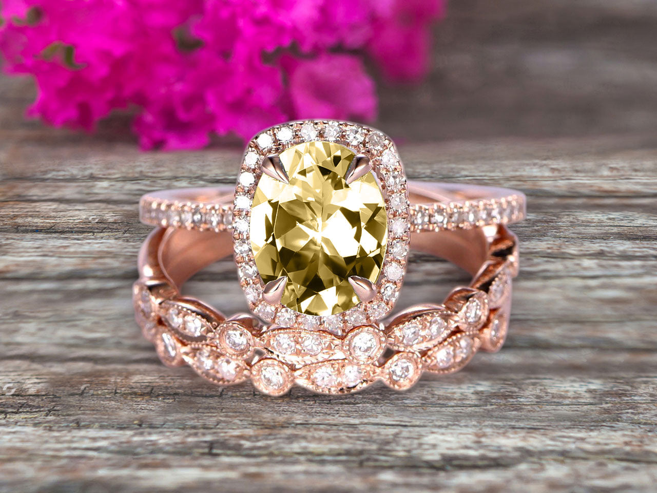2 Carat Oval Cut Champagne Moissanite Engagement Ring & Wedding Band Set in 10K Rose Gold, Art Deco Vintage Style – Perfect for Proposals, Anniversaries, and Bridal Jewelry