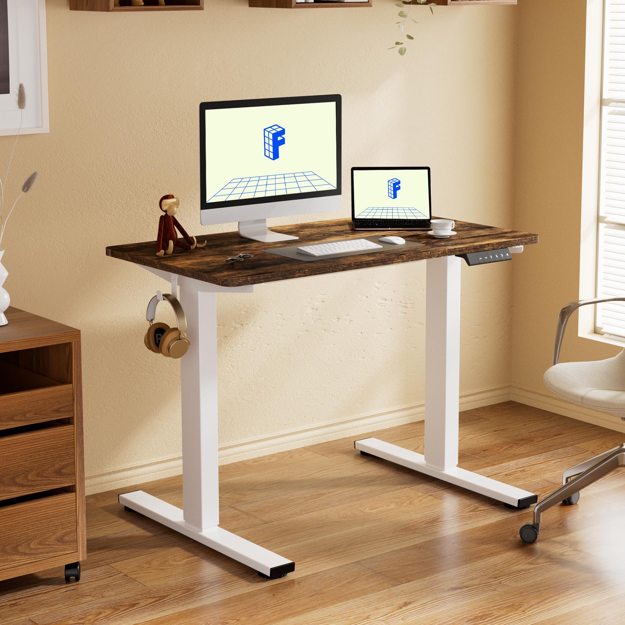 FLEXISPOT EN1 Electric Standing Desk - 48 x 30 Inches Height Adjustable Workstation, White Frame & Rustic Brown Top for Home Office | Sit Stand Desk for Working, Studying & Gaming (2 Packages)