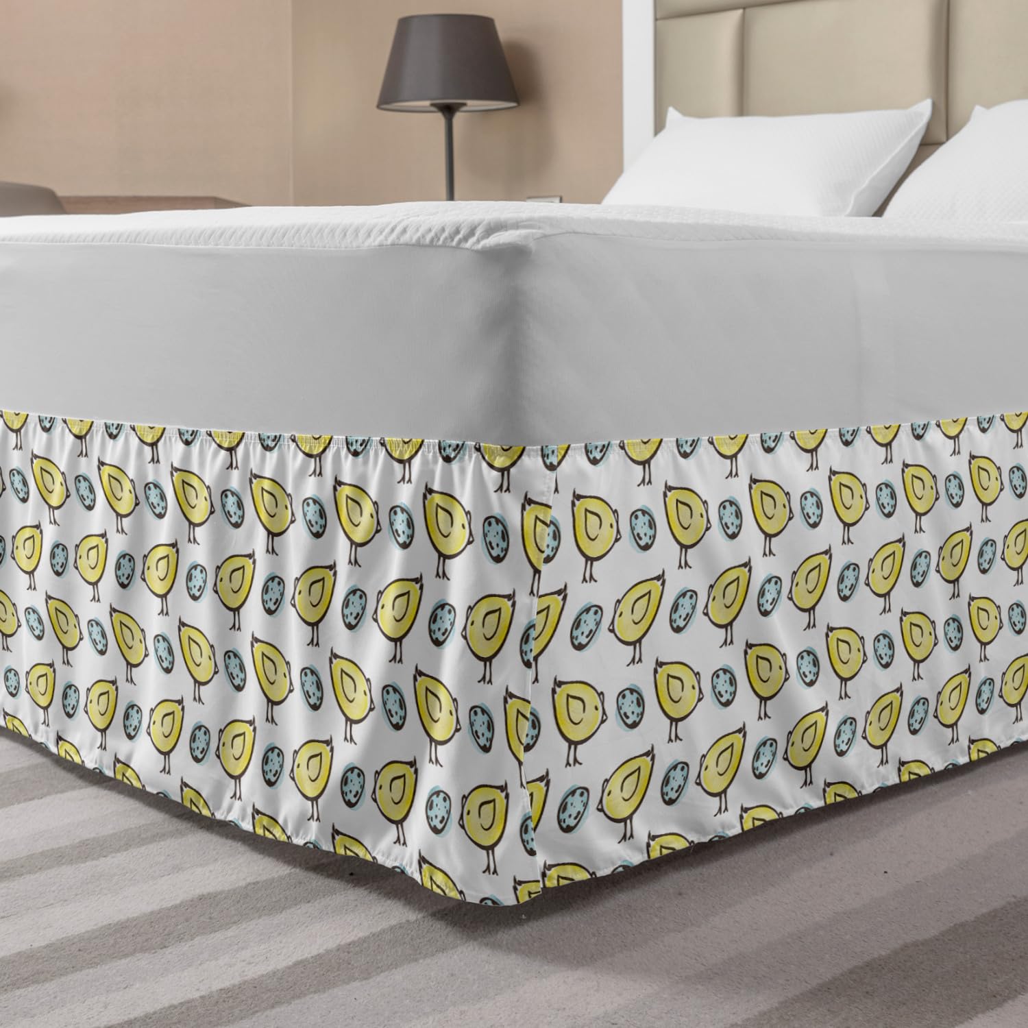 Ambesonne Yellow Bird Bed Skirt - Pastel Doodle Pattern, King Size for Bedroom Decor