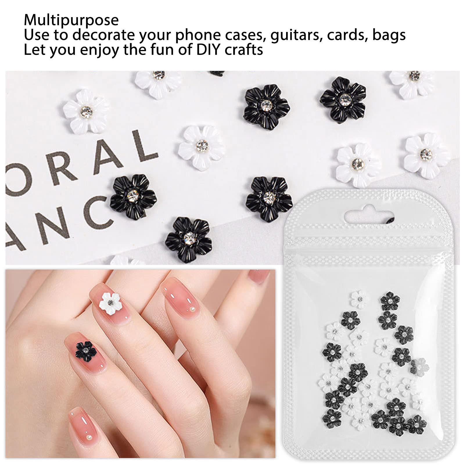 3D Flower Nail Art Decorations - Black & White 5 Petal for DIY Manicure