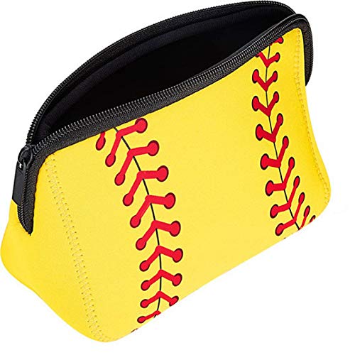 Baseball Print Makeup Bag - Waterproof Neoprene Cosmetic Pouch with Zipper for Women & Girls | Softball Travel Toiletry Organizer | Perfect for Sports Teams, Gym, School & Vacation (Rugby Yellow)