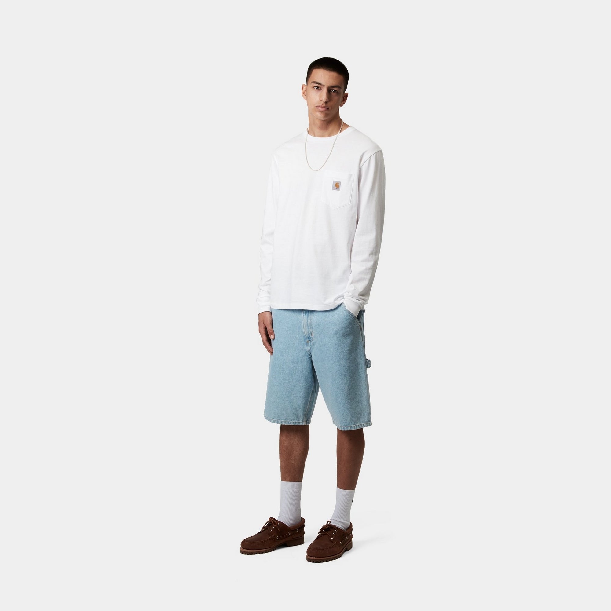 Premium Long Sleeve Pocket T-Shirt for Men - Comfortable Cotton Crew Neck Casual Shirt - White - Ideal for Work, Travel & Everyday Wear