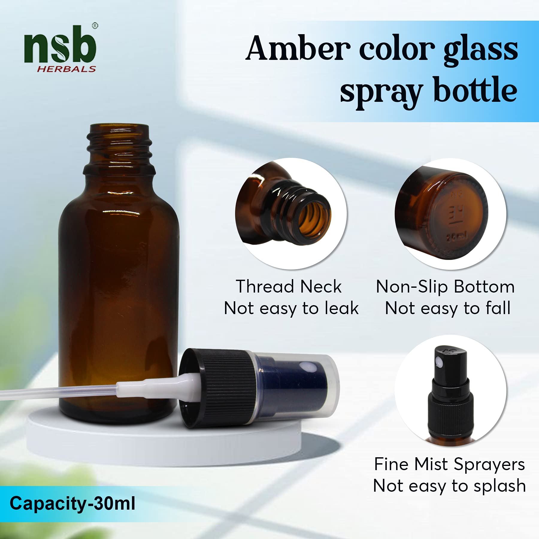 NSB Herbals 30ml Refillable Amber Glass Fine Mist Spray Bottles with Leak-Proof Pump - Perfect for DIY Perfume, Essential Oils, Aromatherapy Blends, Facial Mists & Beauty Products (Pack of 3) | Travel-Friendly, Home Spa & Skincare Essential